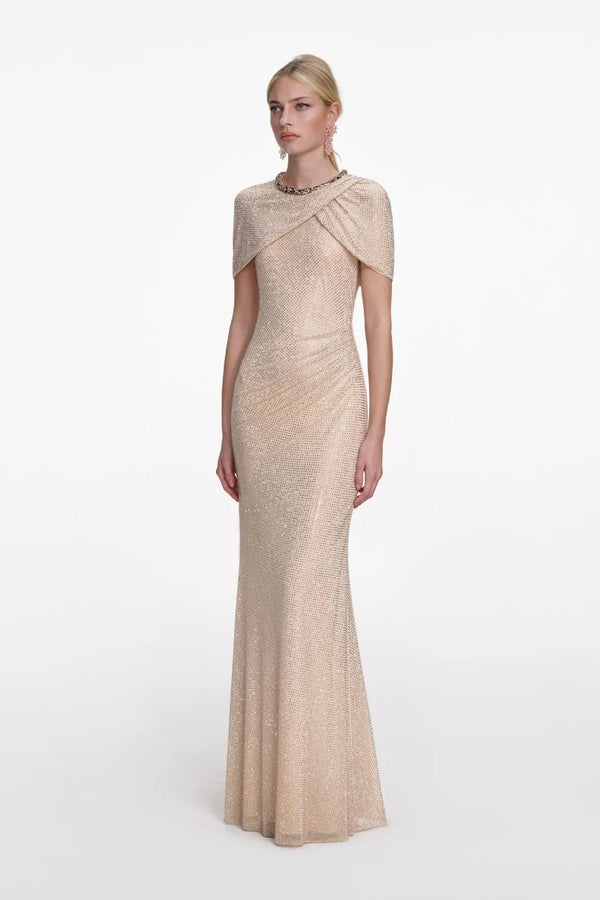 Rhinestone Evening Dress in Beige
