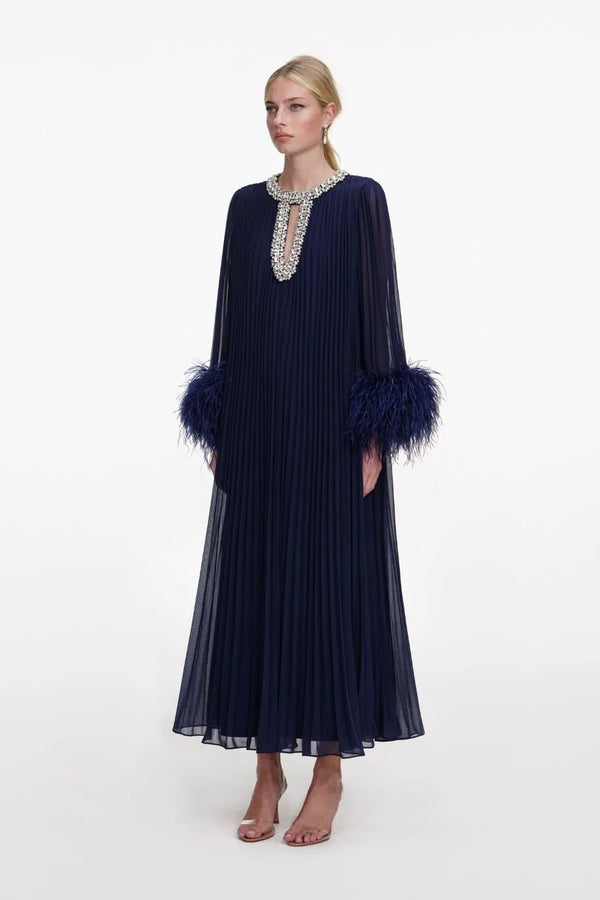Chiffon Feather Evening Dress in Blue
