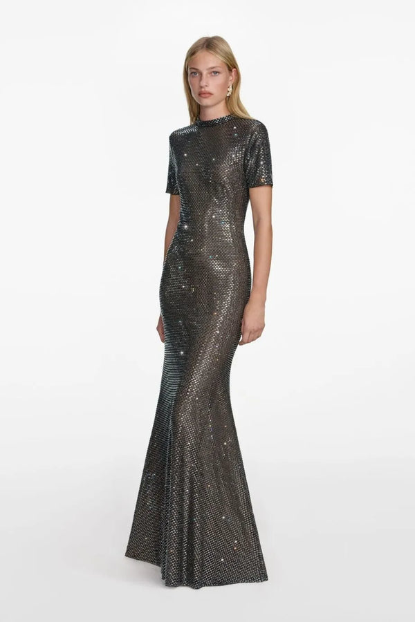 Rhinestone Mesh Evening Dress in Grey