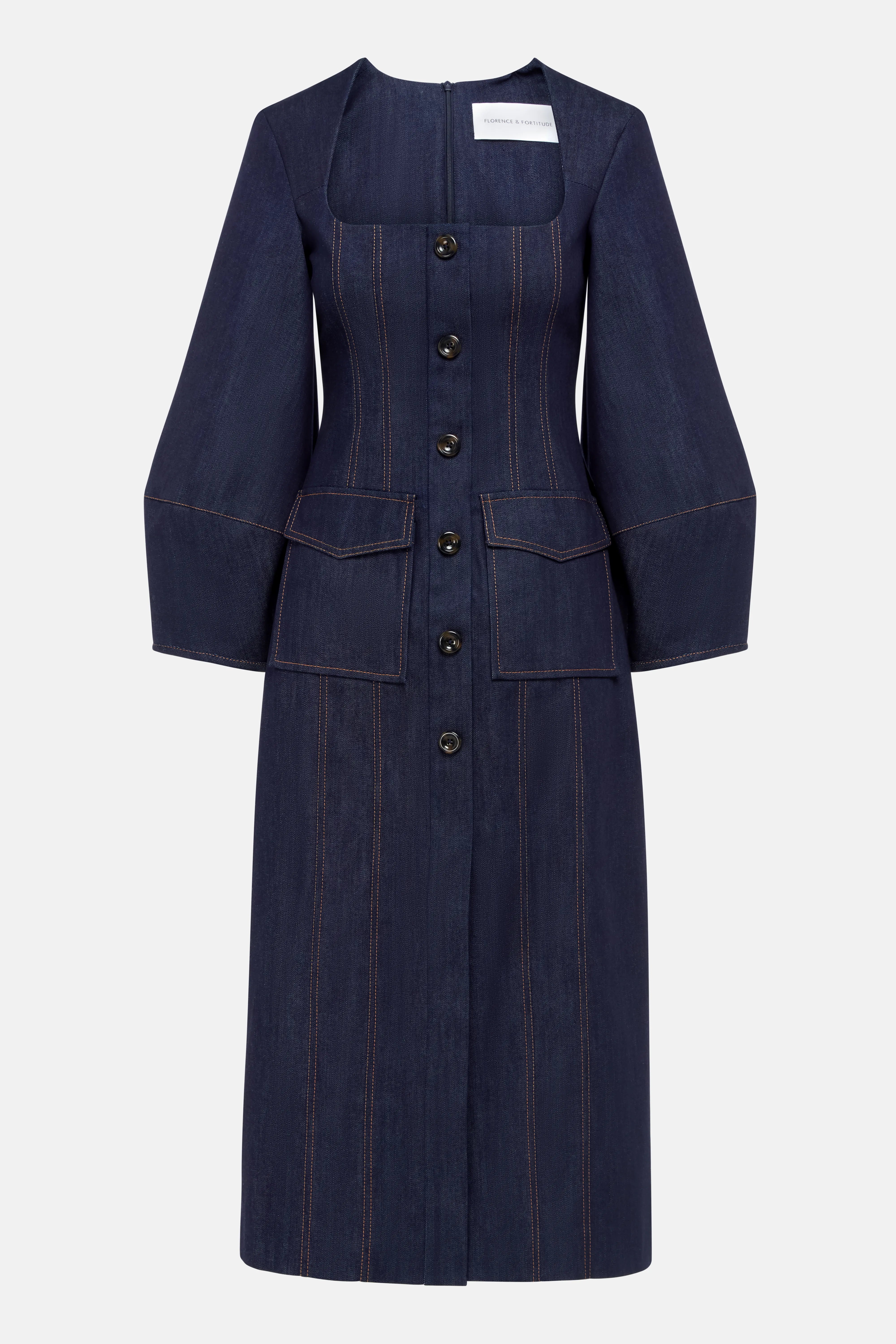 Norah Puff Sleeves Denim Cotton Midi Dress in Blue