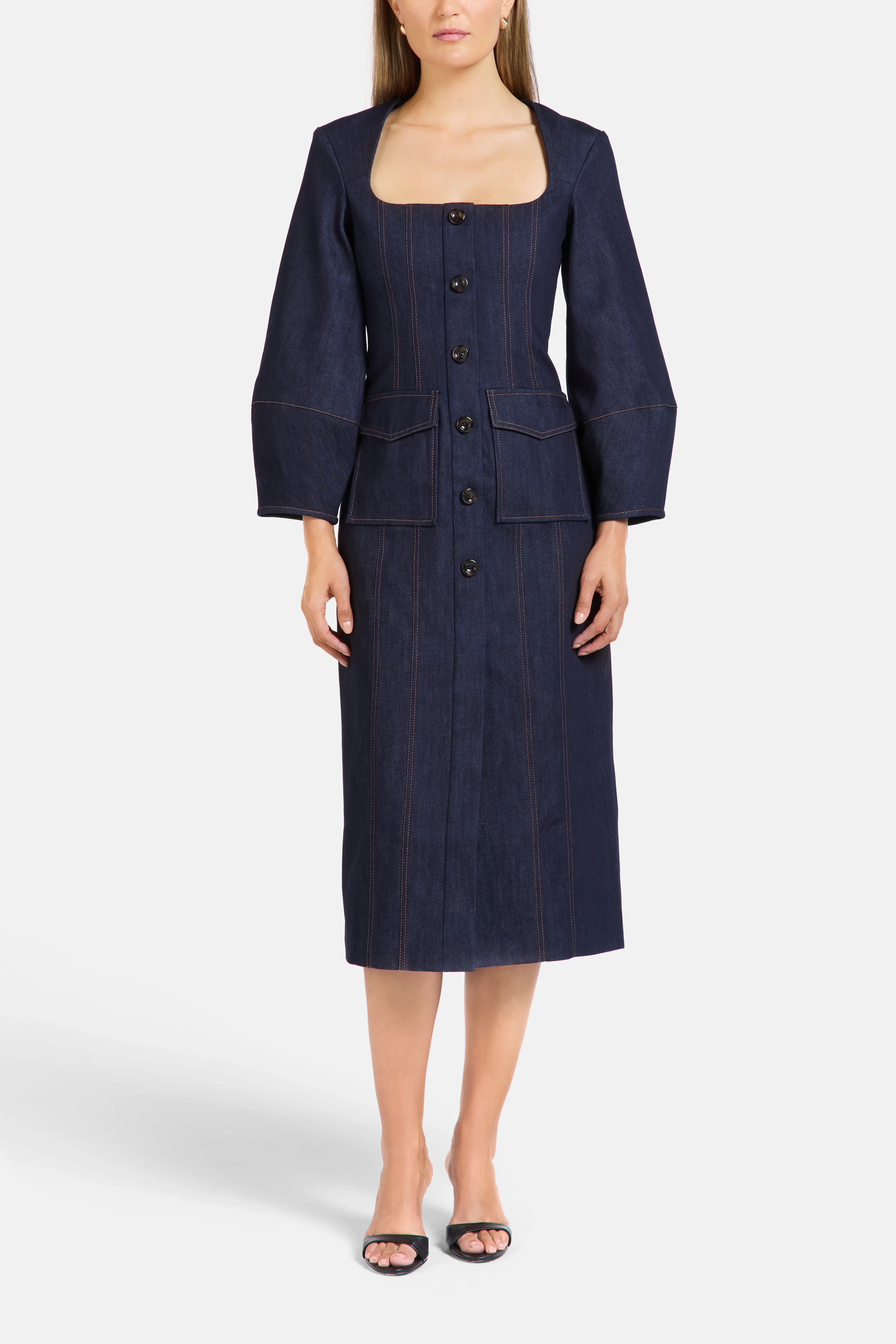 Norah Puff Sleeves Denim Cotton Midi Dress in Blue