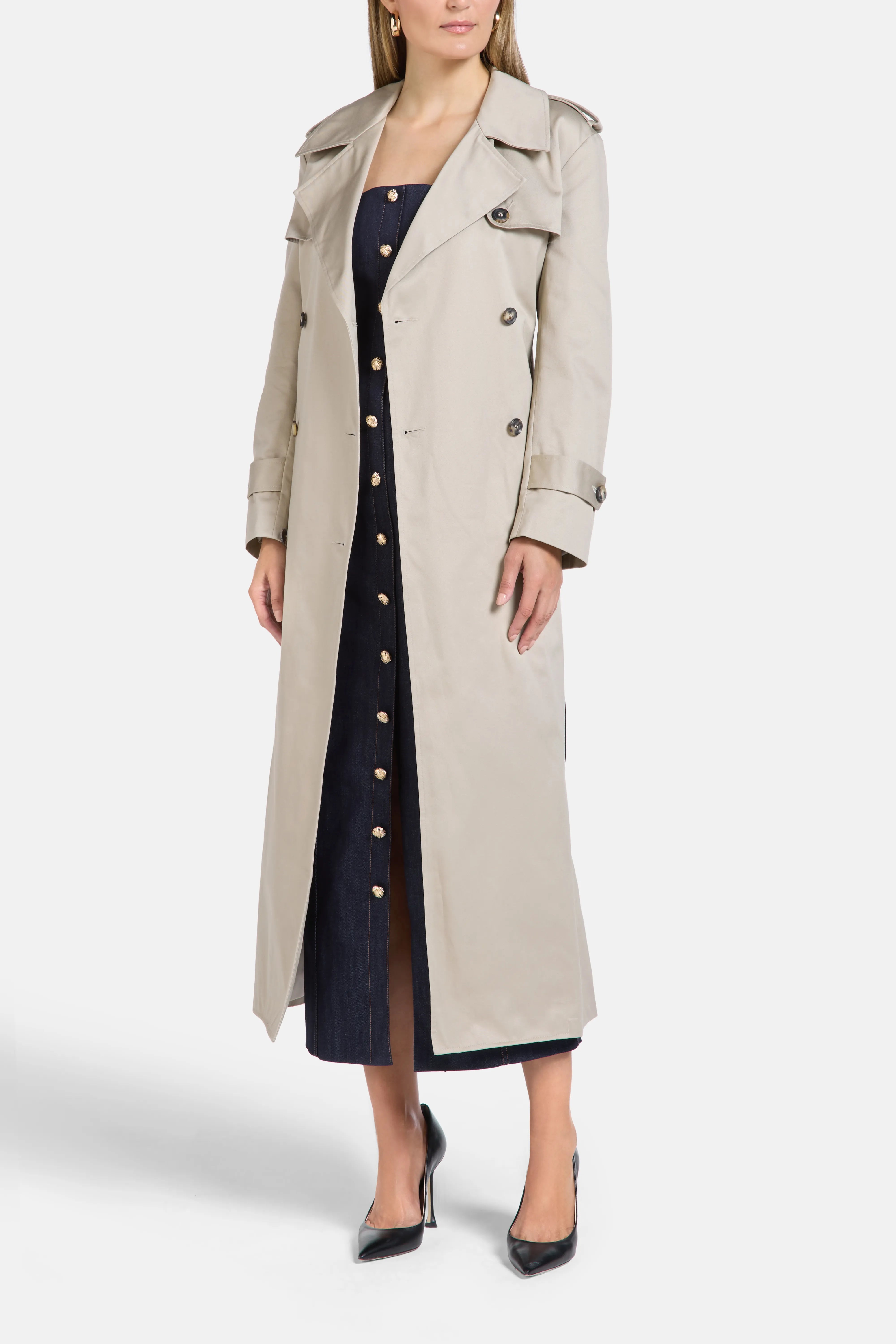 Madison Belted Bow Back Cotton Trench Coat in Beige and Black