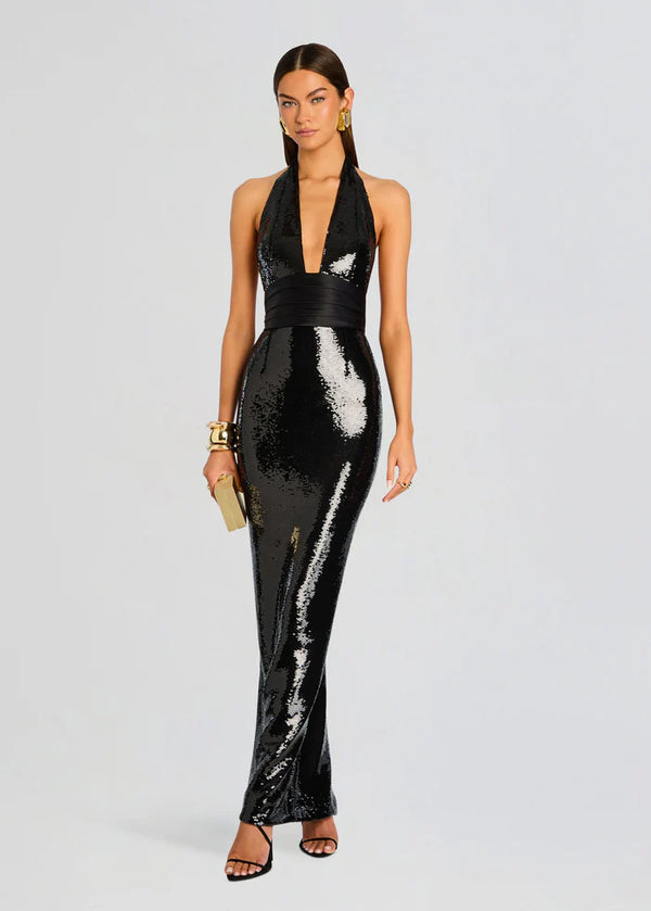 Kelsie Sequins Halter Neck Evening Dress in Black