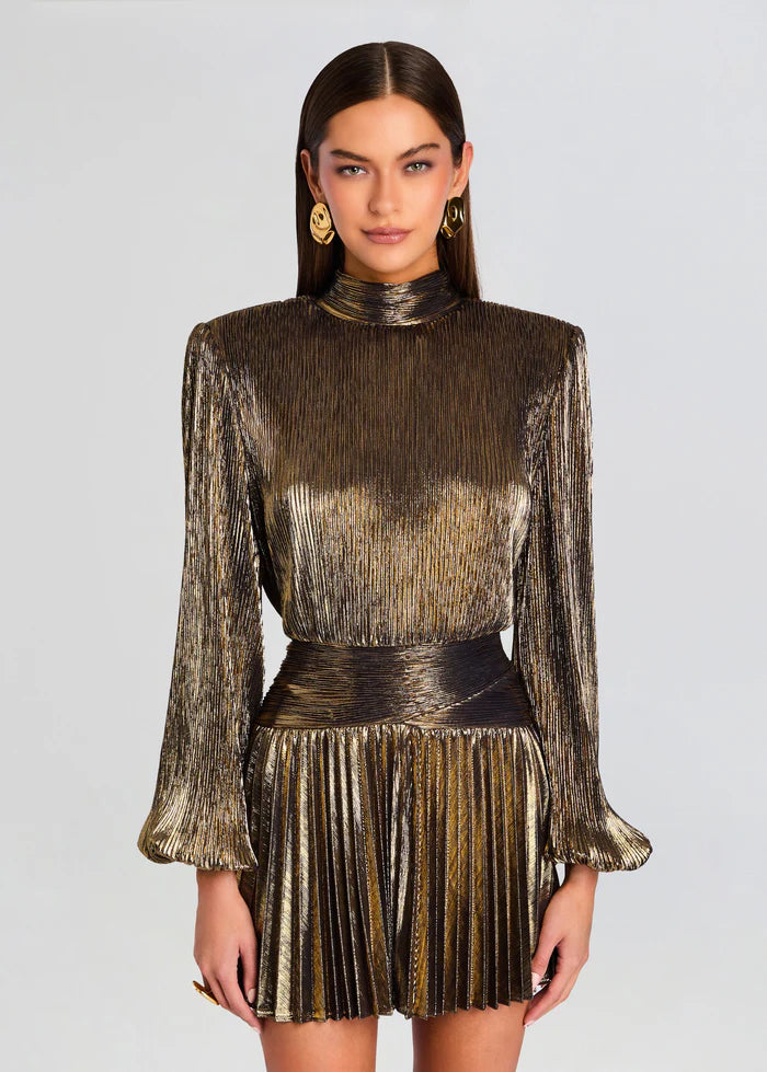 Freja High Neck Mini Dress in Gold