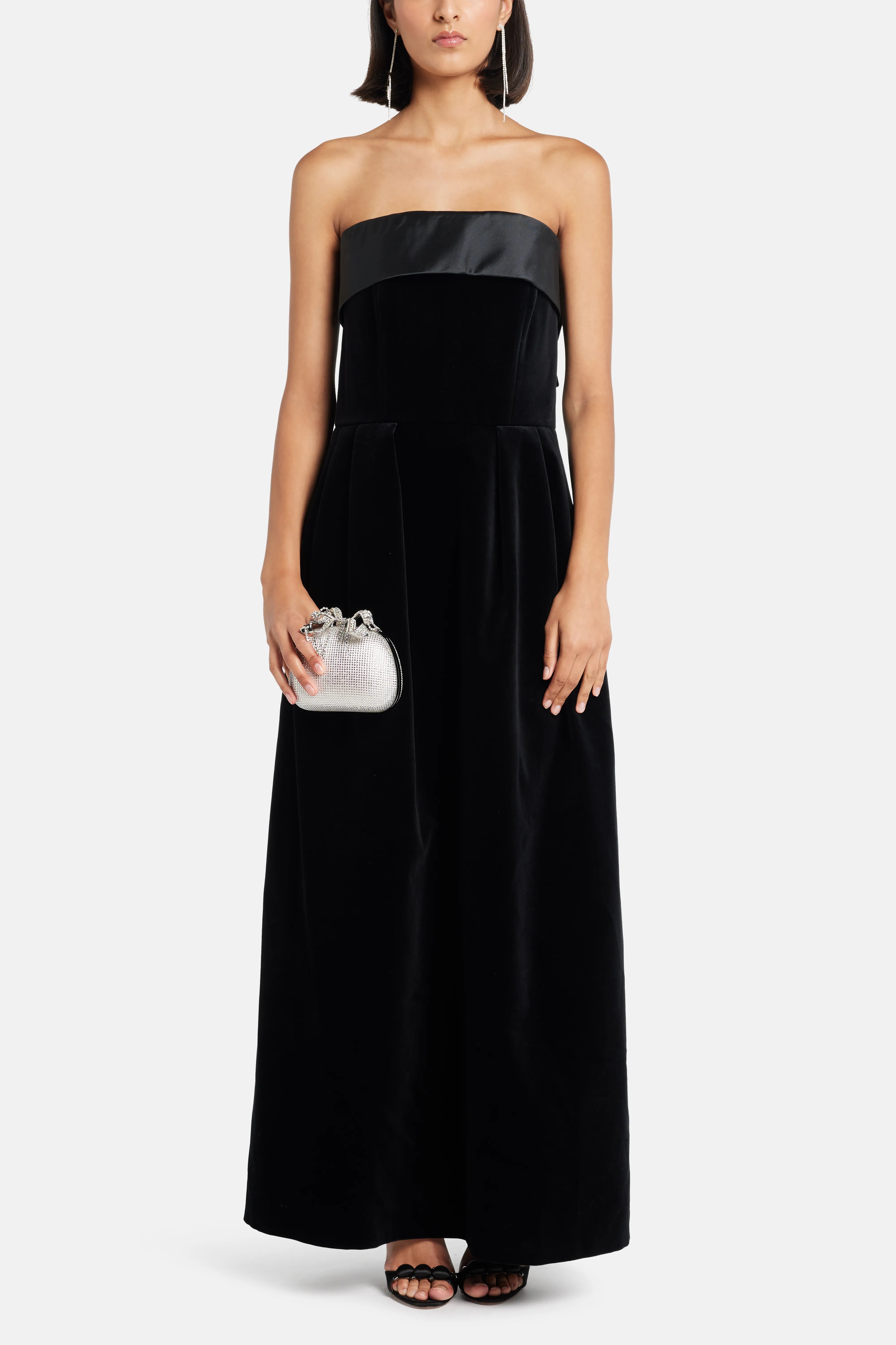 Velvet Strapless Bow Back Evening Dress in Black