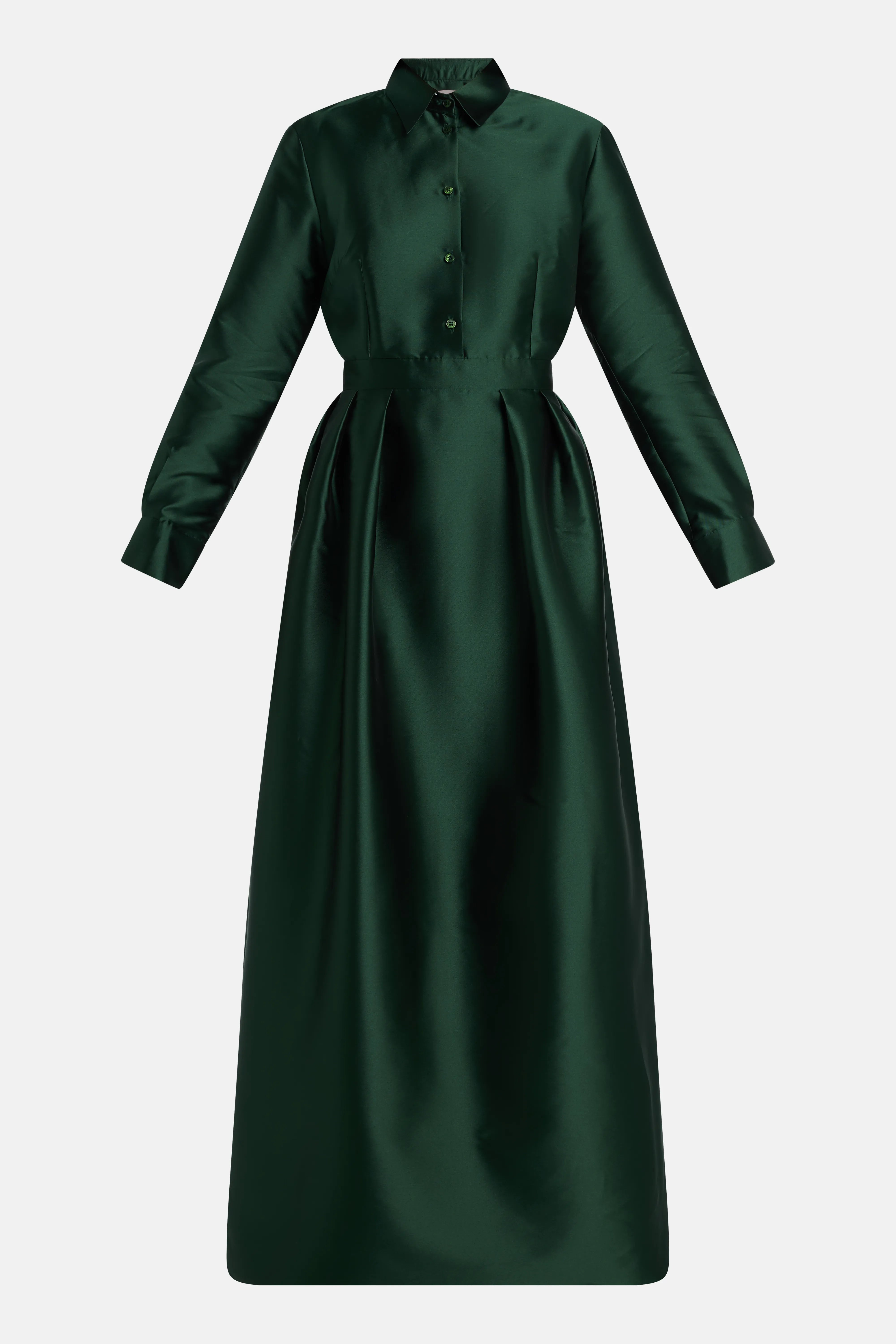 Trompe Loeil Shirt Evening Gown in Green with Button Placket