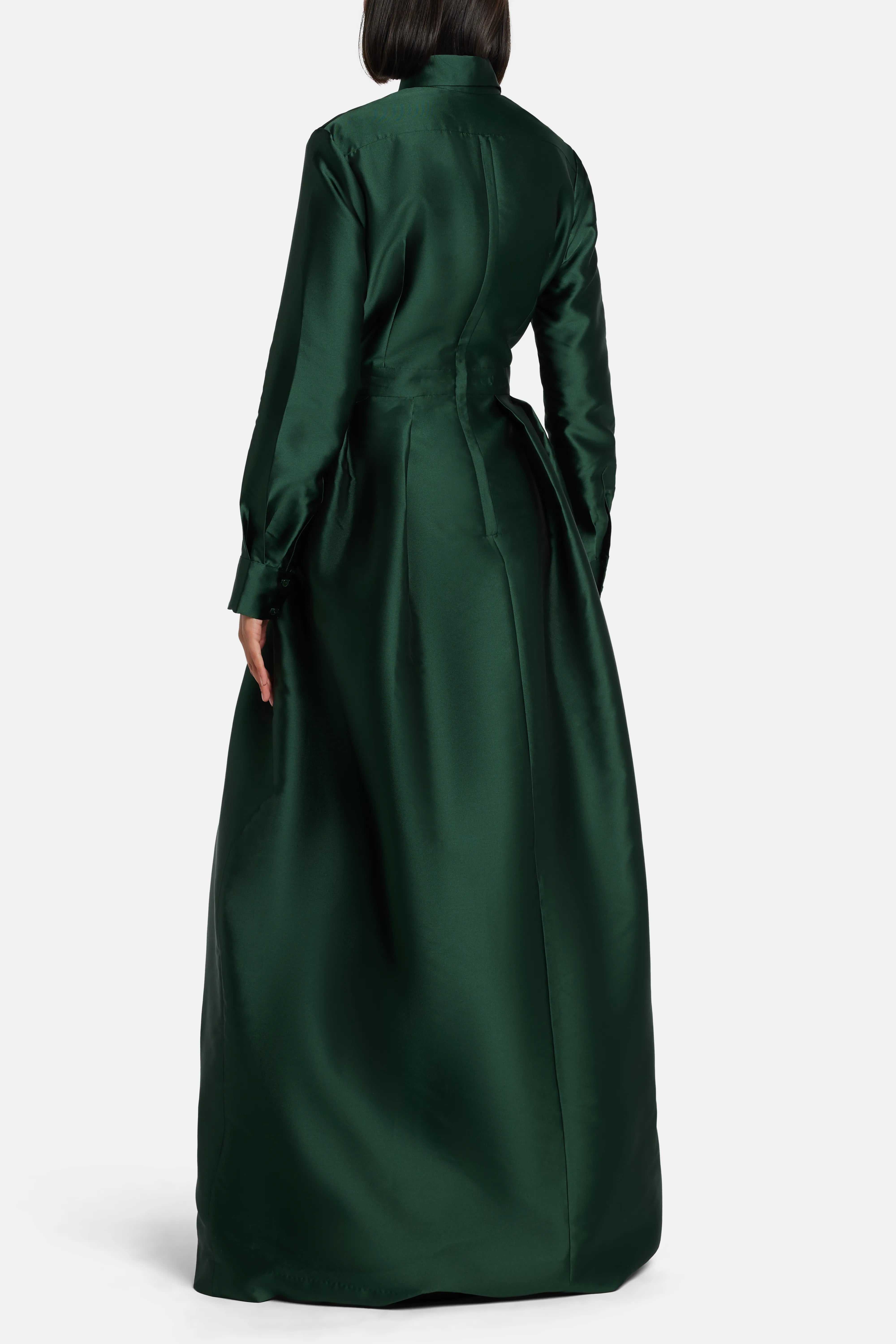 Trompe Loeil Shirt Evening Gown in Green with Button Placket