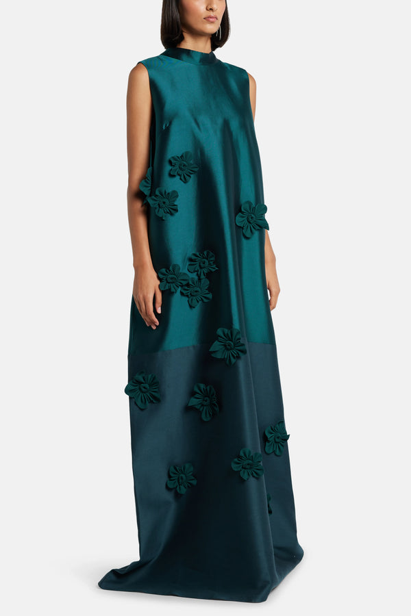 A-Line Floral Applique Sleeveless Silk Evening Gown in Green