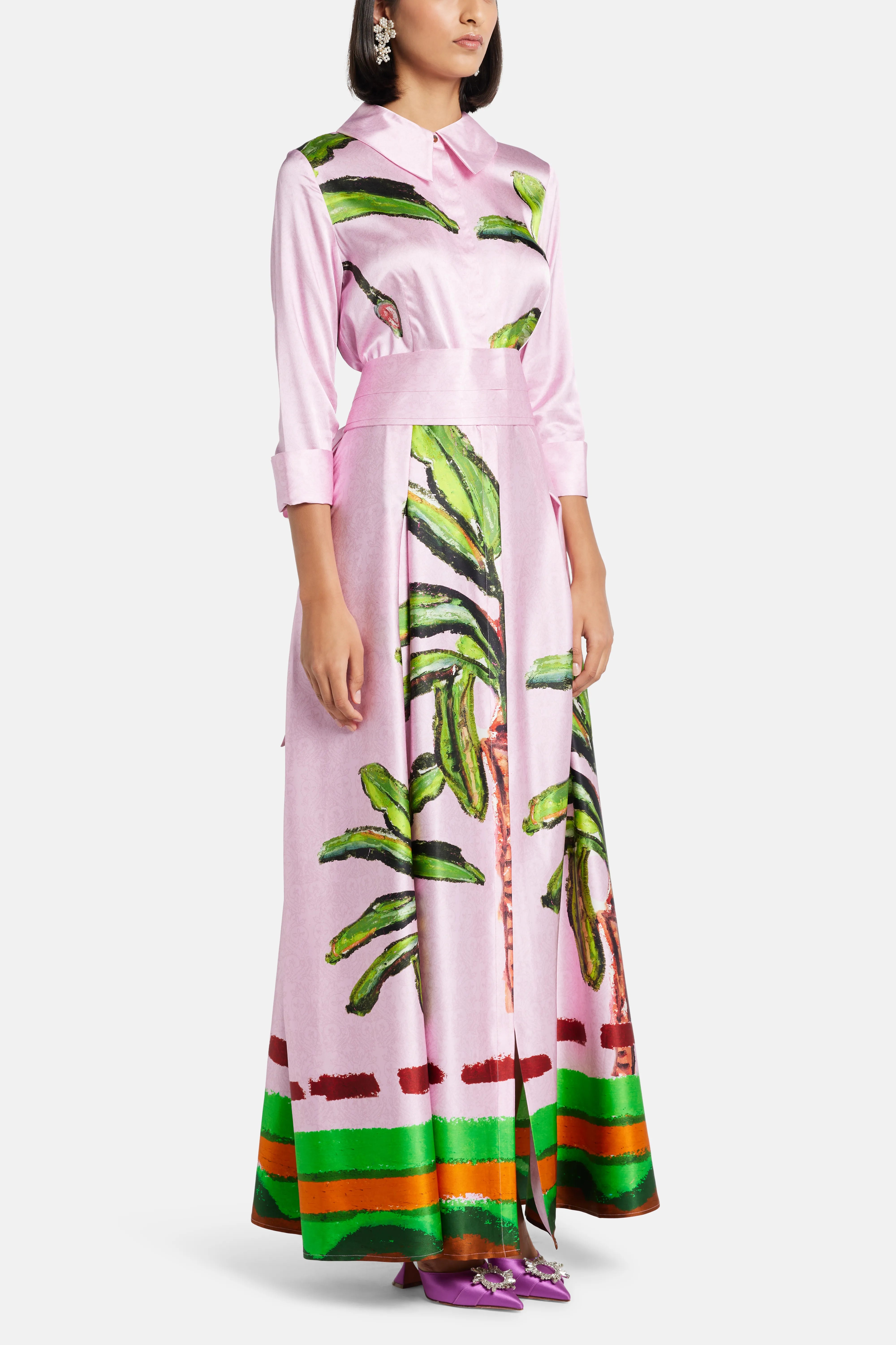 Kumulau Belted Silk Shirt Maxi Dress in Pink