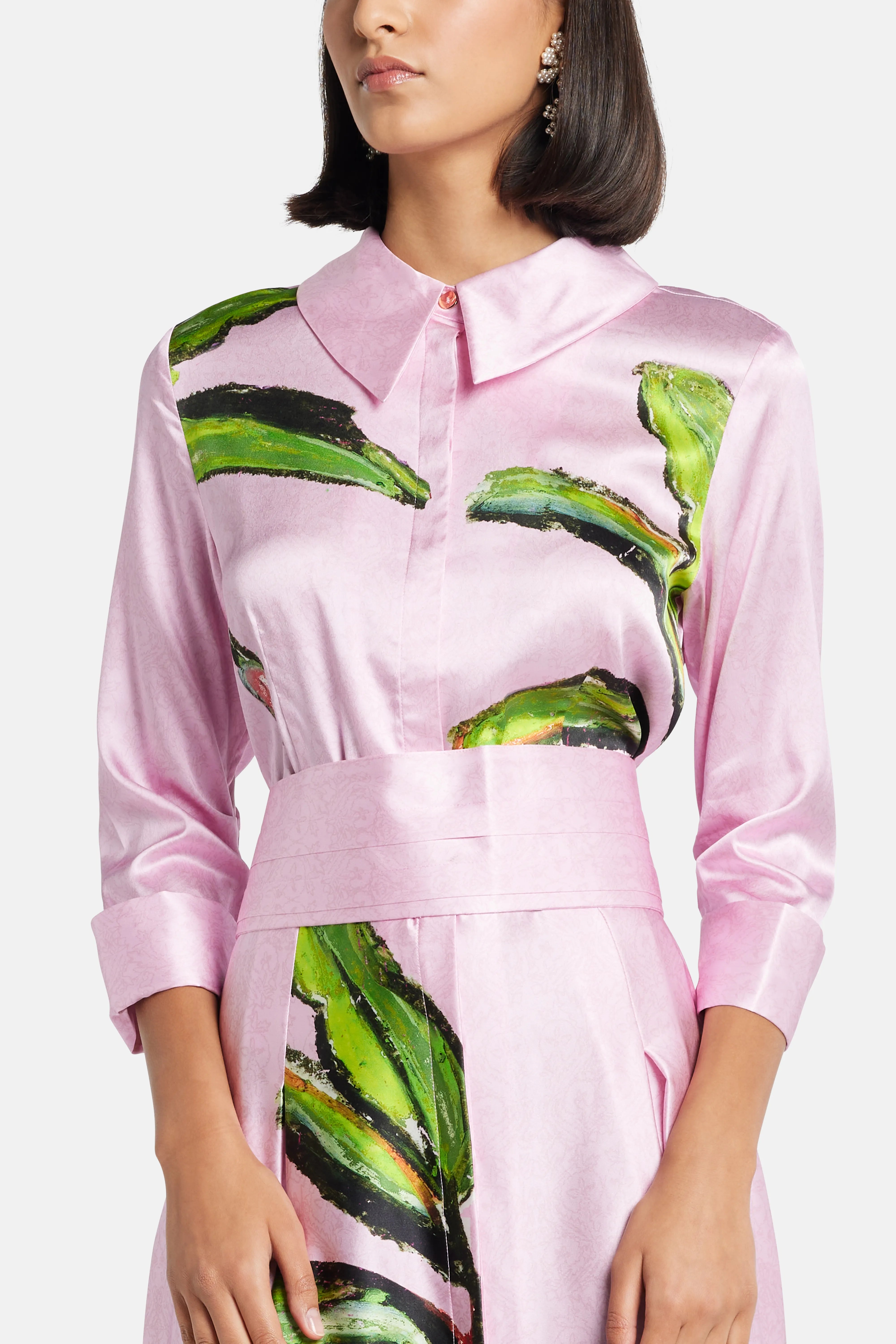 Kumulau Belted Silk Shirt Maxi Dress in Pink