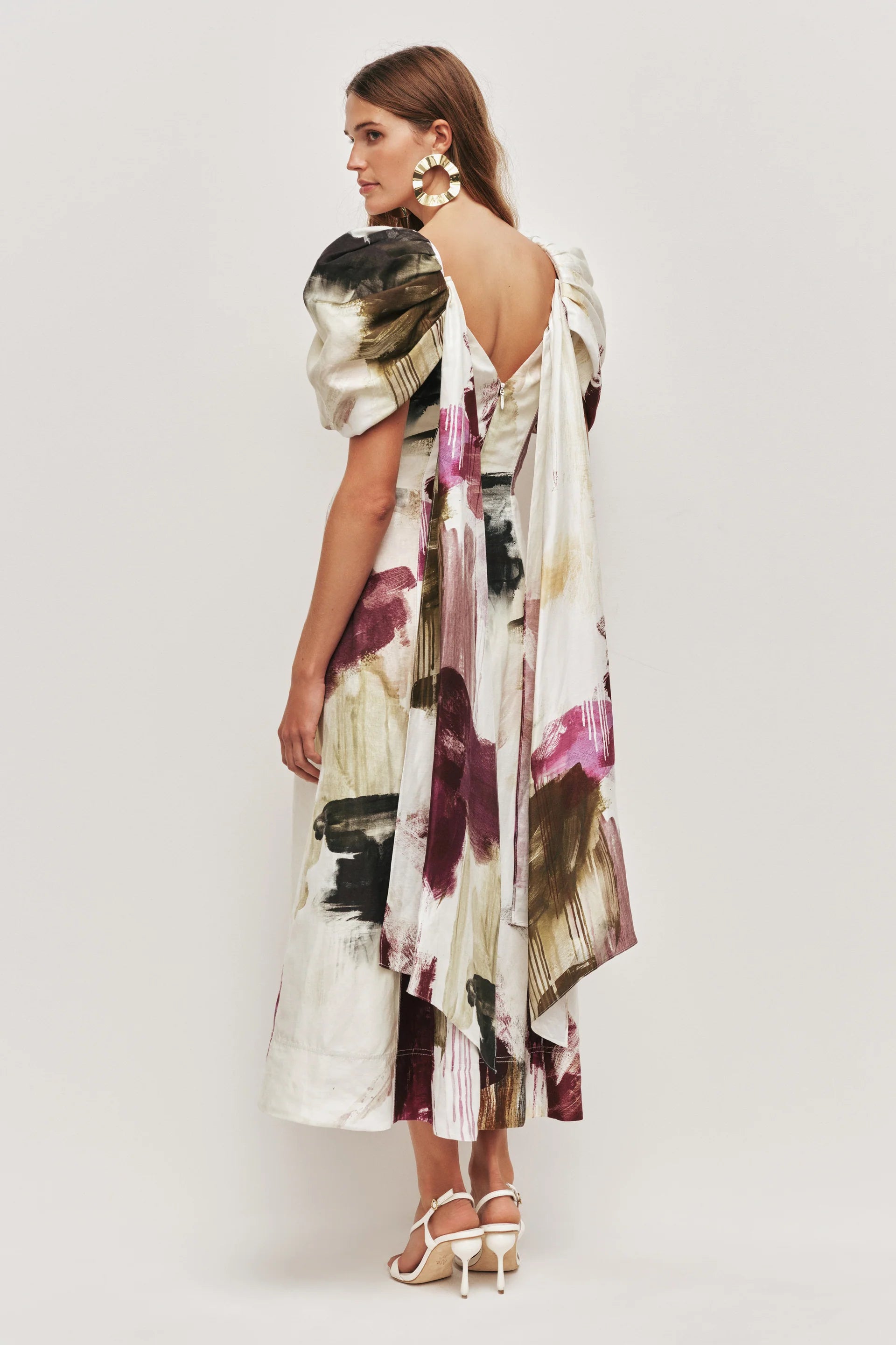 Bisou Puff Sleeves Midi Dress In White