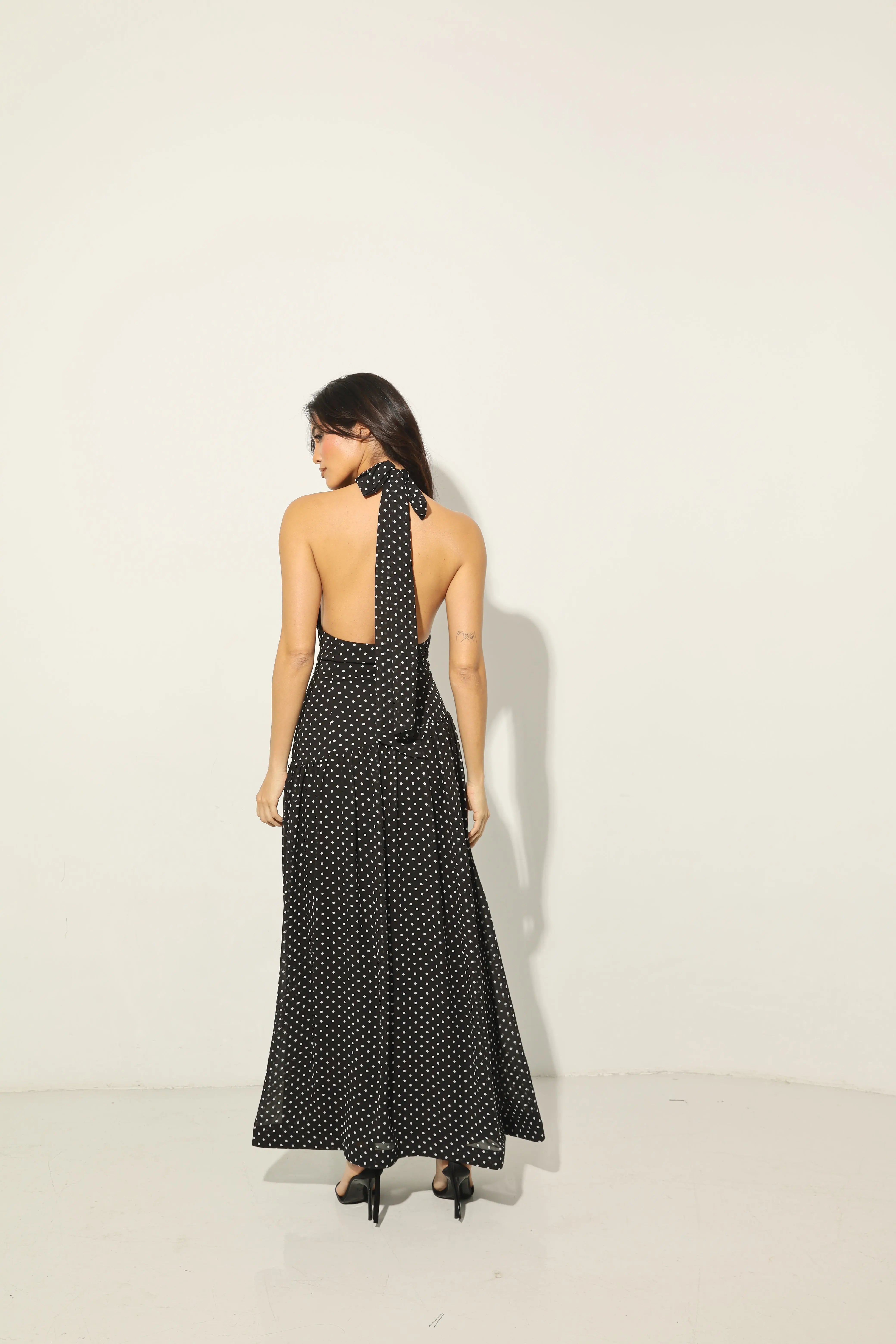 Grace Polka Dot Deep Neck Maxi Dress In Black With Scarf
