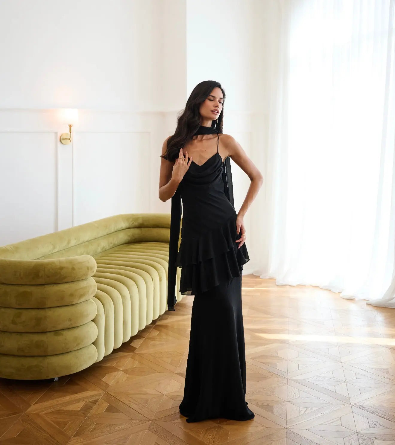 Juliet Slip Maxi Dress In Black With Scarf