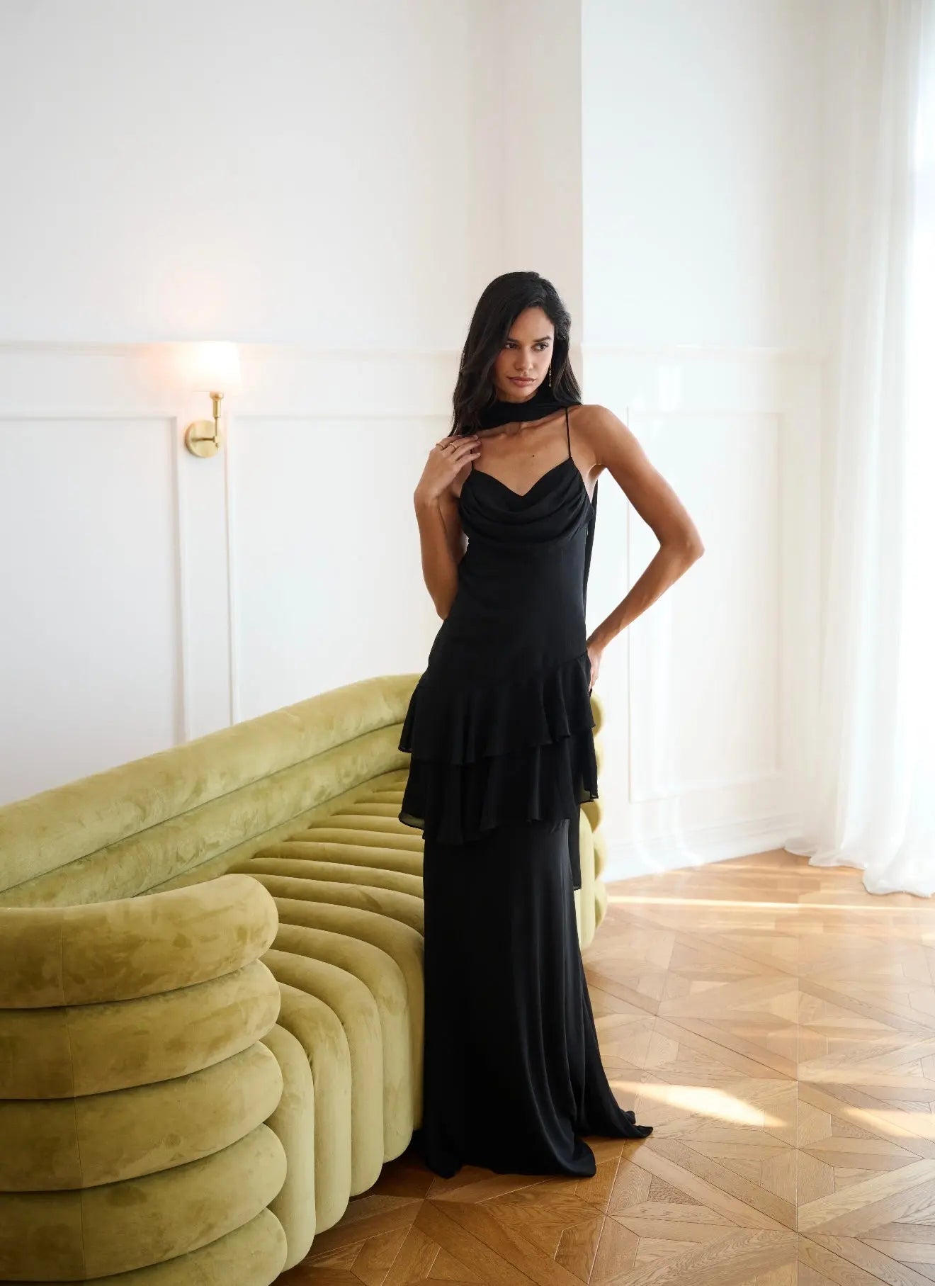 Juliet Slip Maxi Dress In Black With Scarf