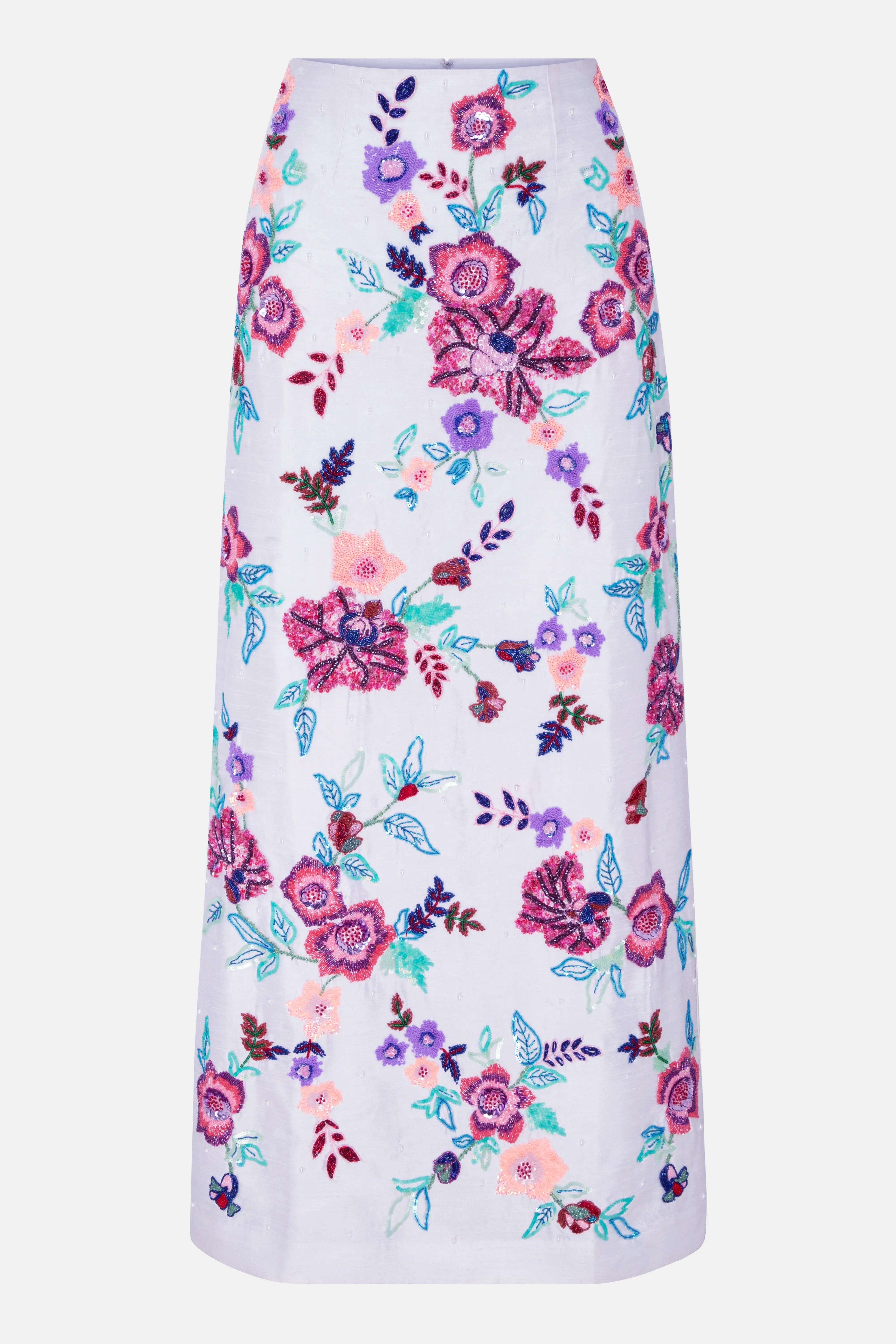 Floral Embroidered Silk Maxi Skirt in White