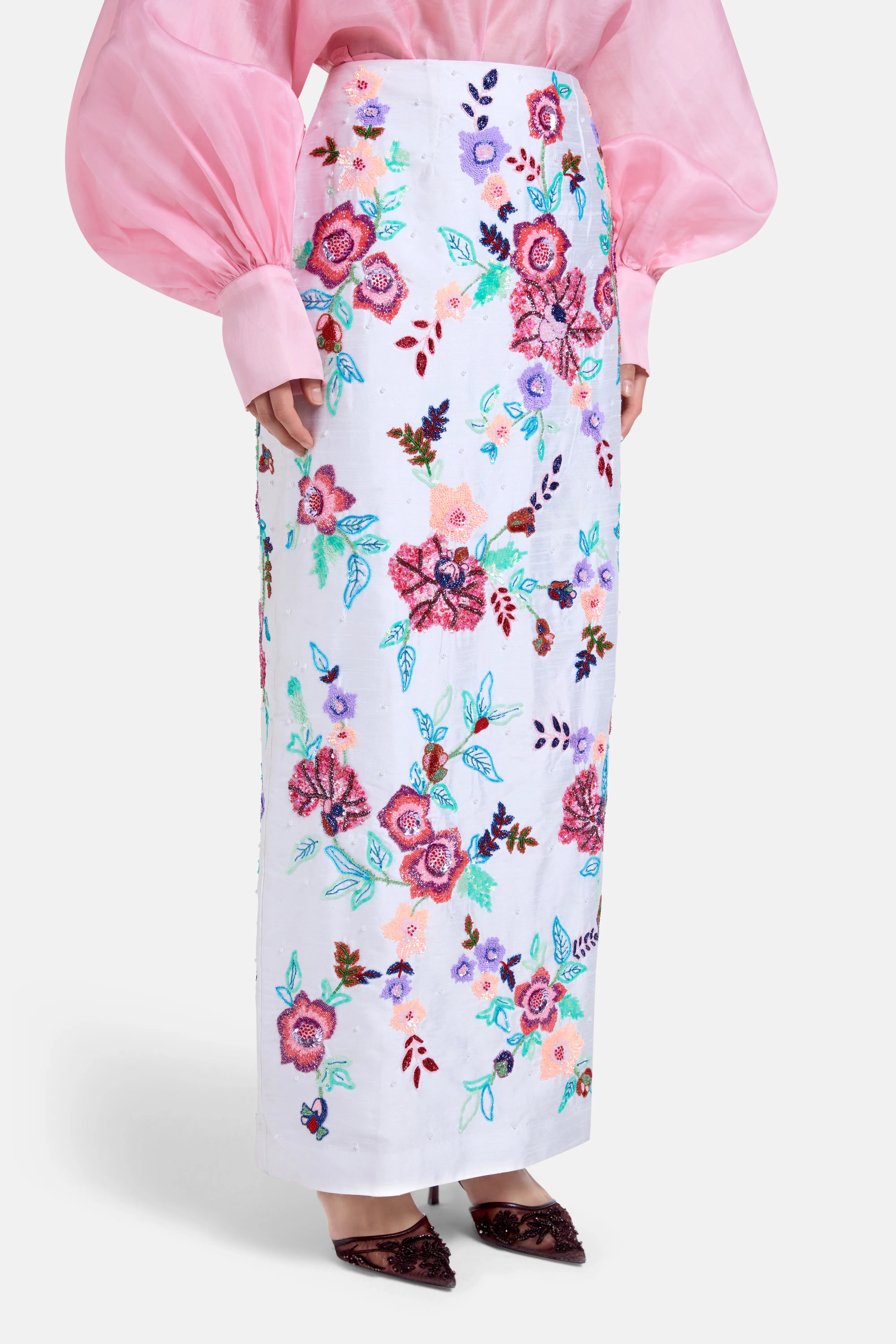 Floral Embroidered Silk Maxi Skirt in White
