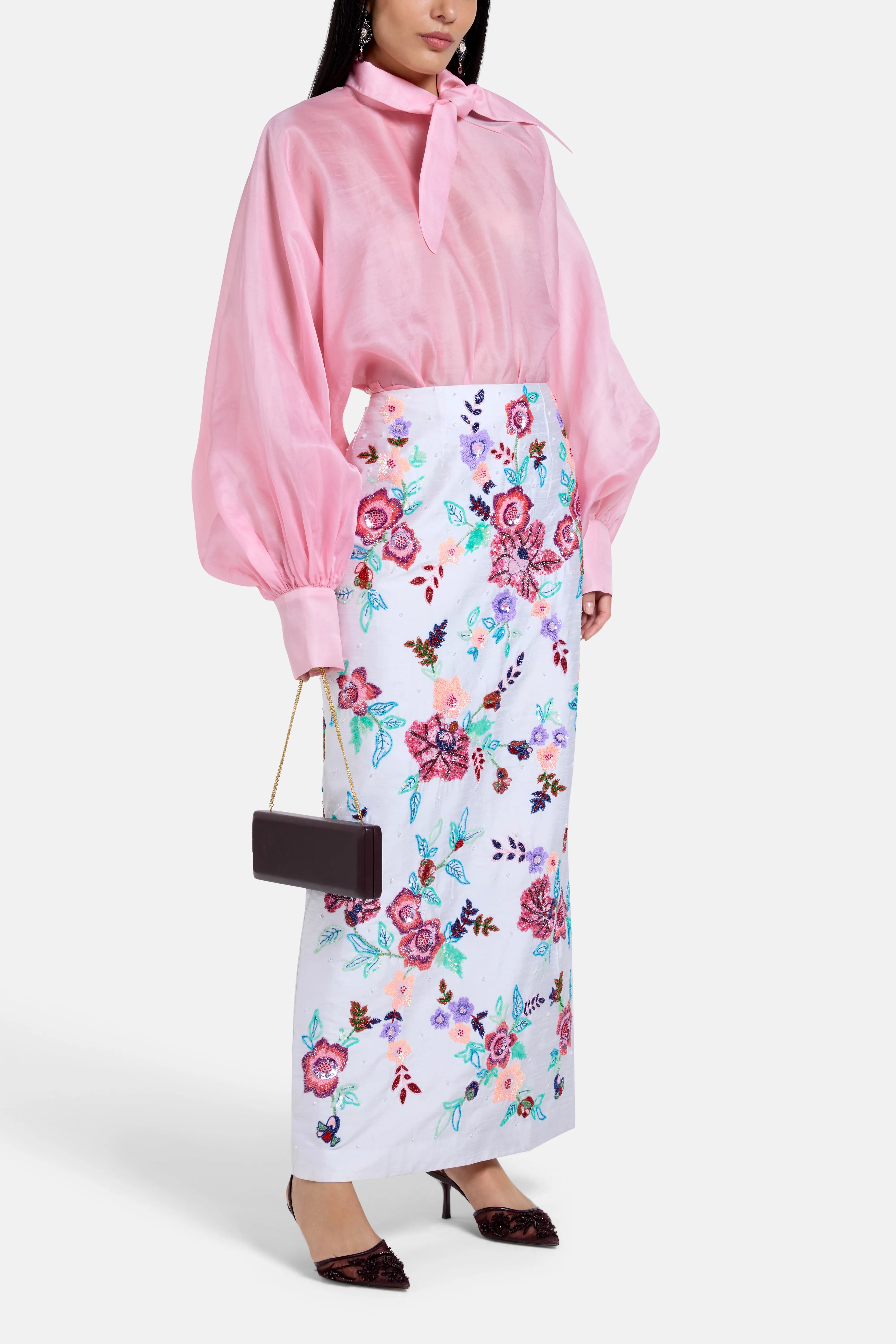 Floral Embroidered Silk Maxi Skirt in White