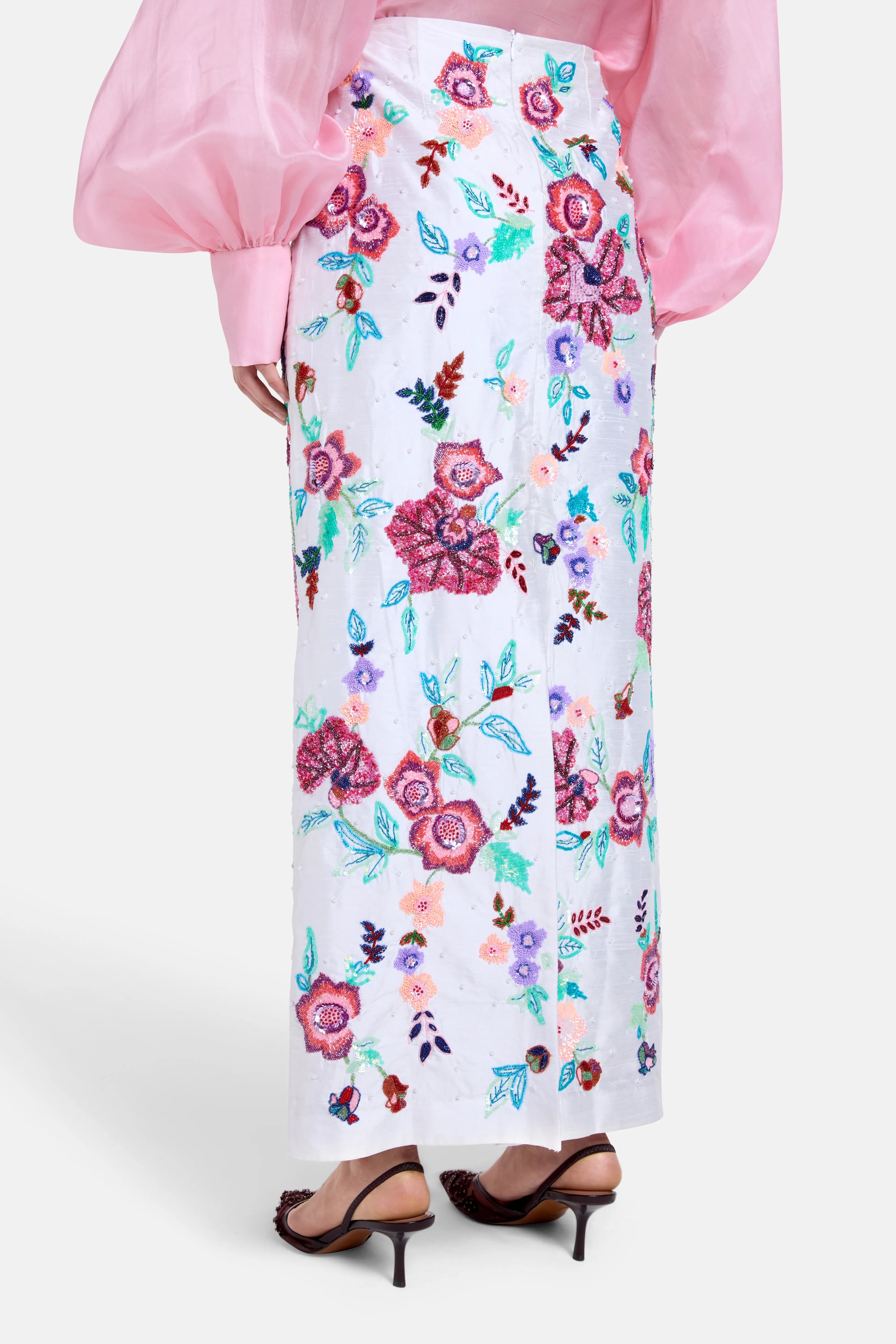 Floral Embroidered Silk Maxi Skirt in White