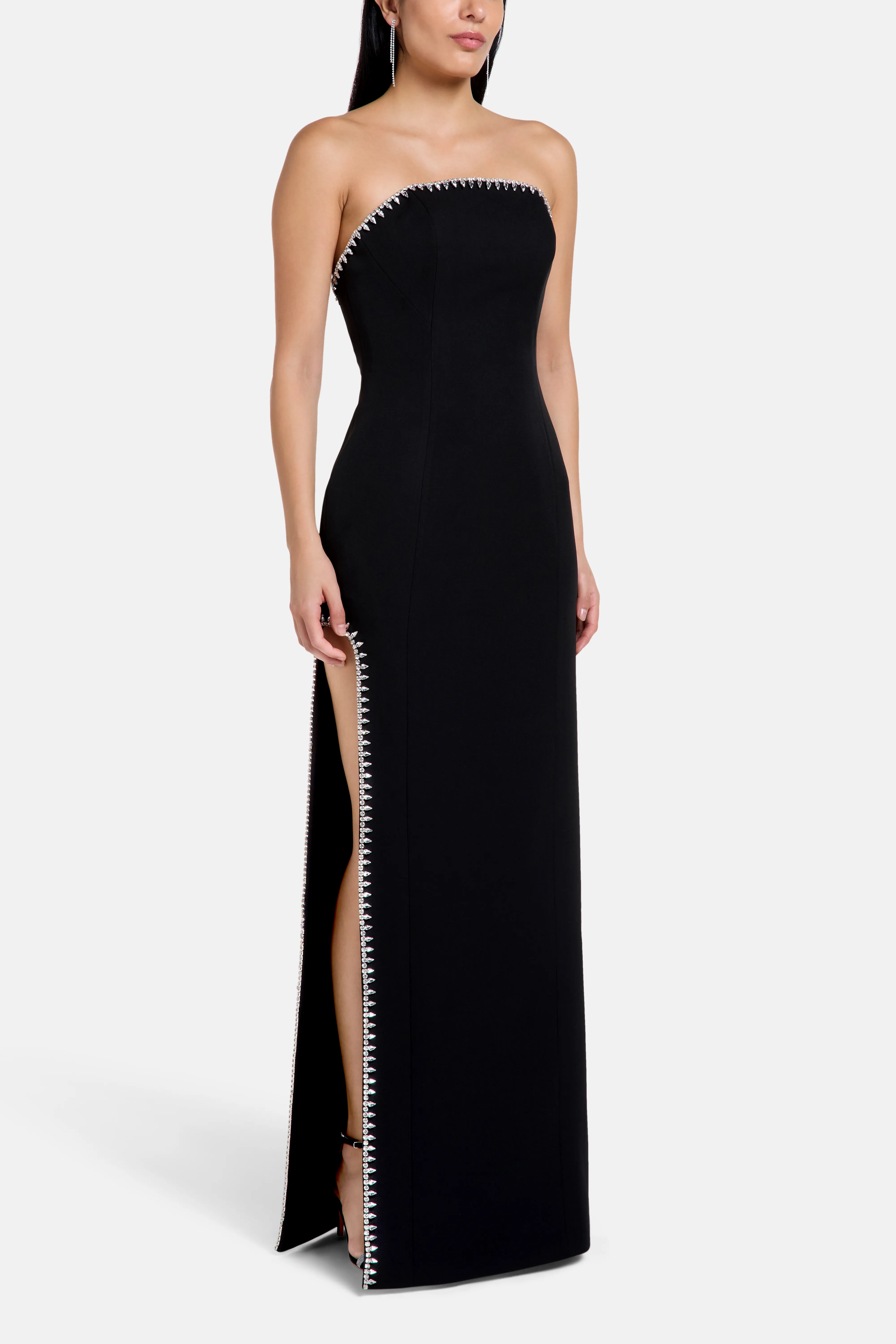 Bela Thigh Slit Crystal Embellished Evening Dress in Black