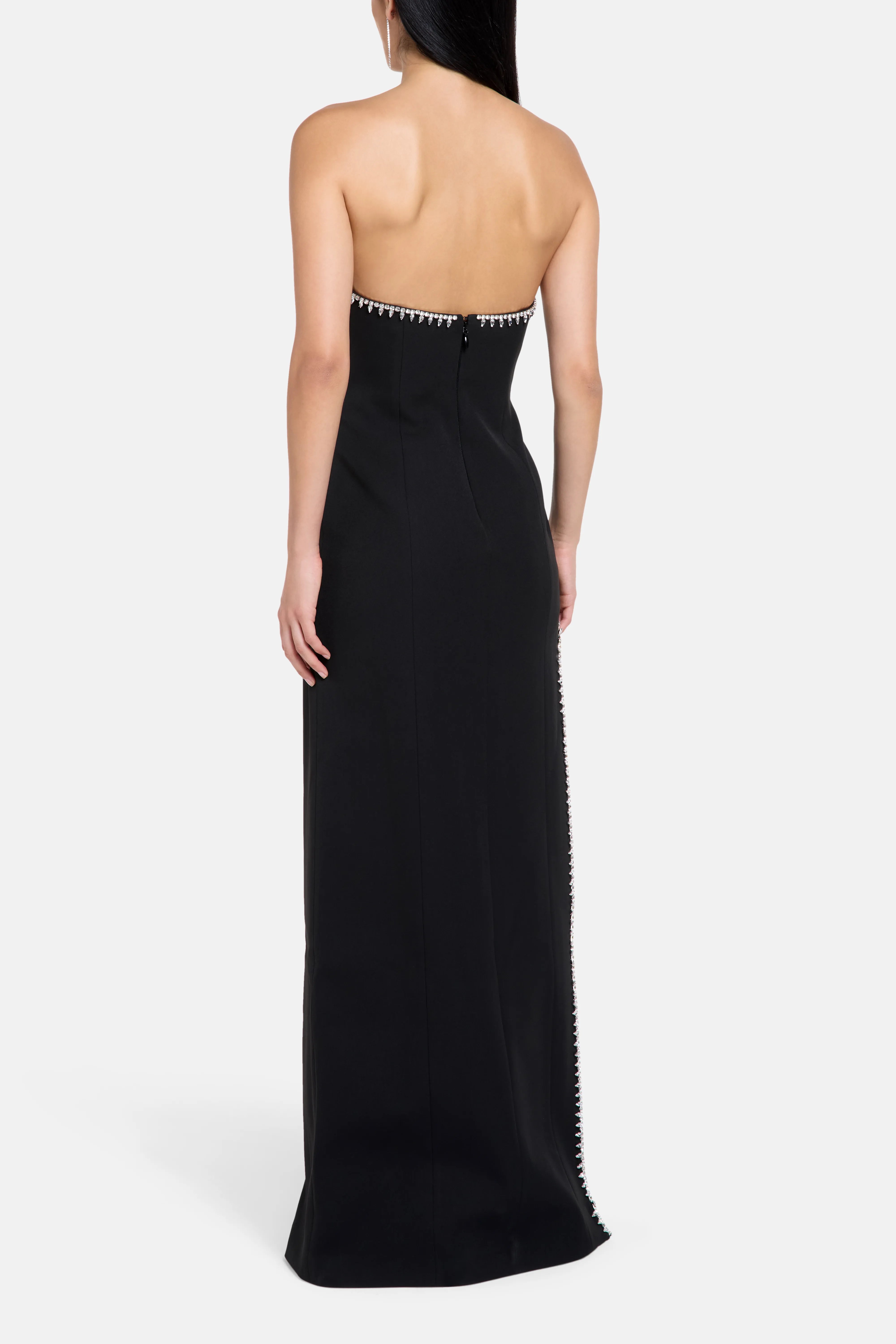 Bela Thigh Slit Crystal Embellished Evening Dress in Black