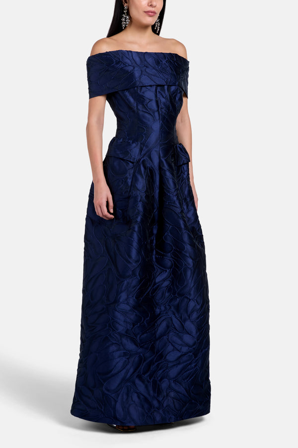 Honeydrop Jacquard Off Shoulder Evening Dress in Blue