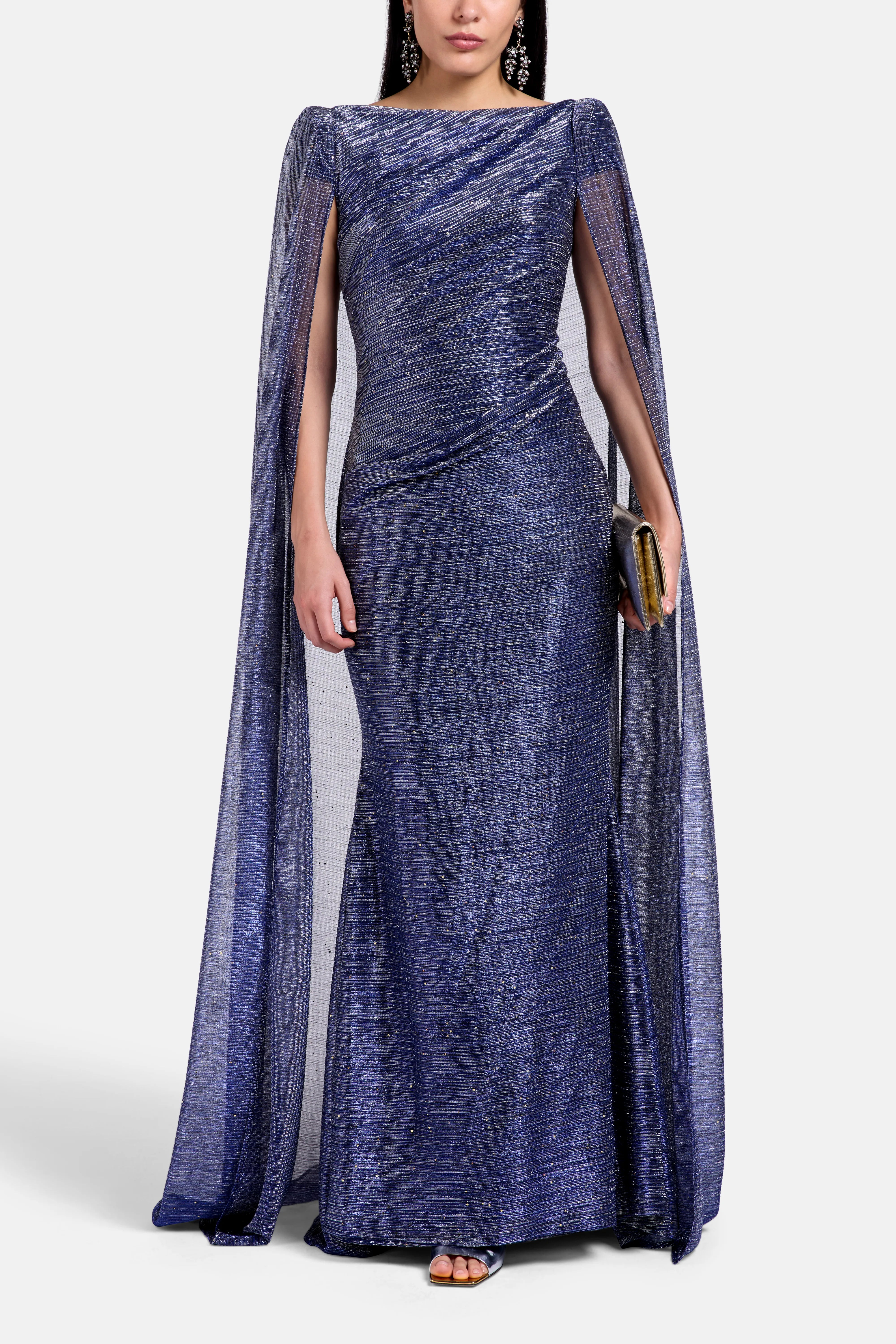 Sprinkled Metallic Shimmer Voile Cape Evening Gown in Blue
