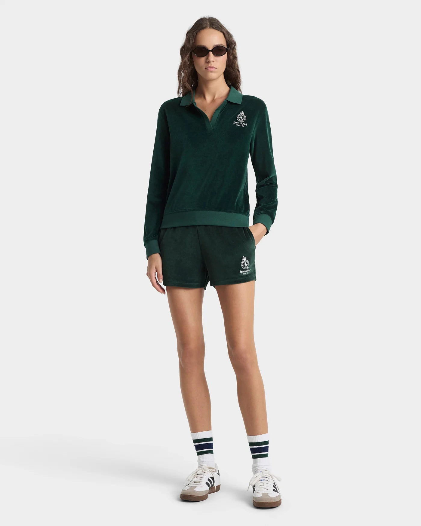 Crown Tennis Velour LS Cotton Polo T-Shirt in Green