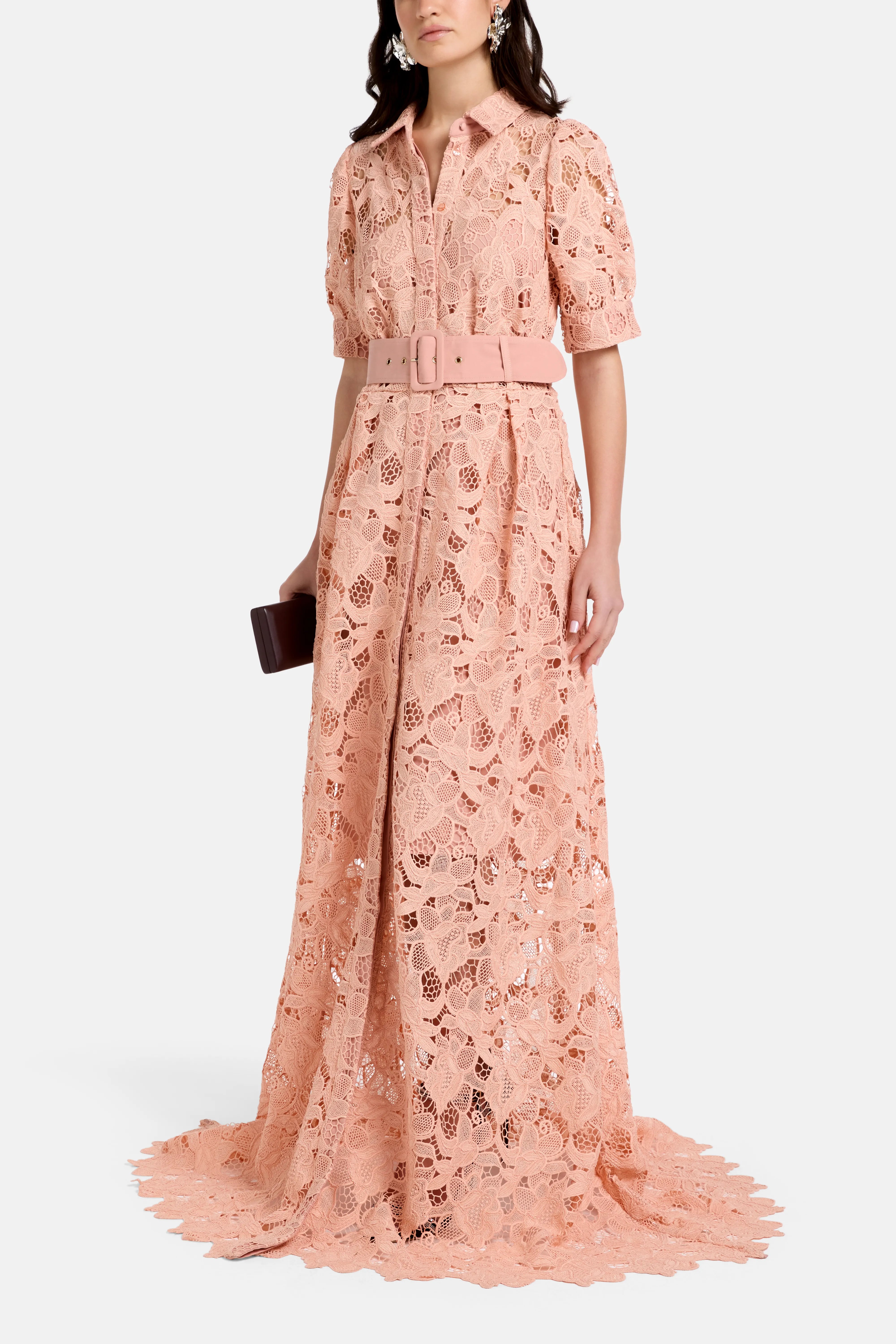 Ayah Collared Floral Lace Maxi Dress in Pink