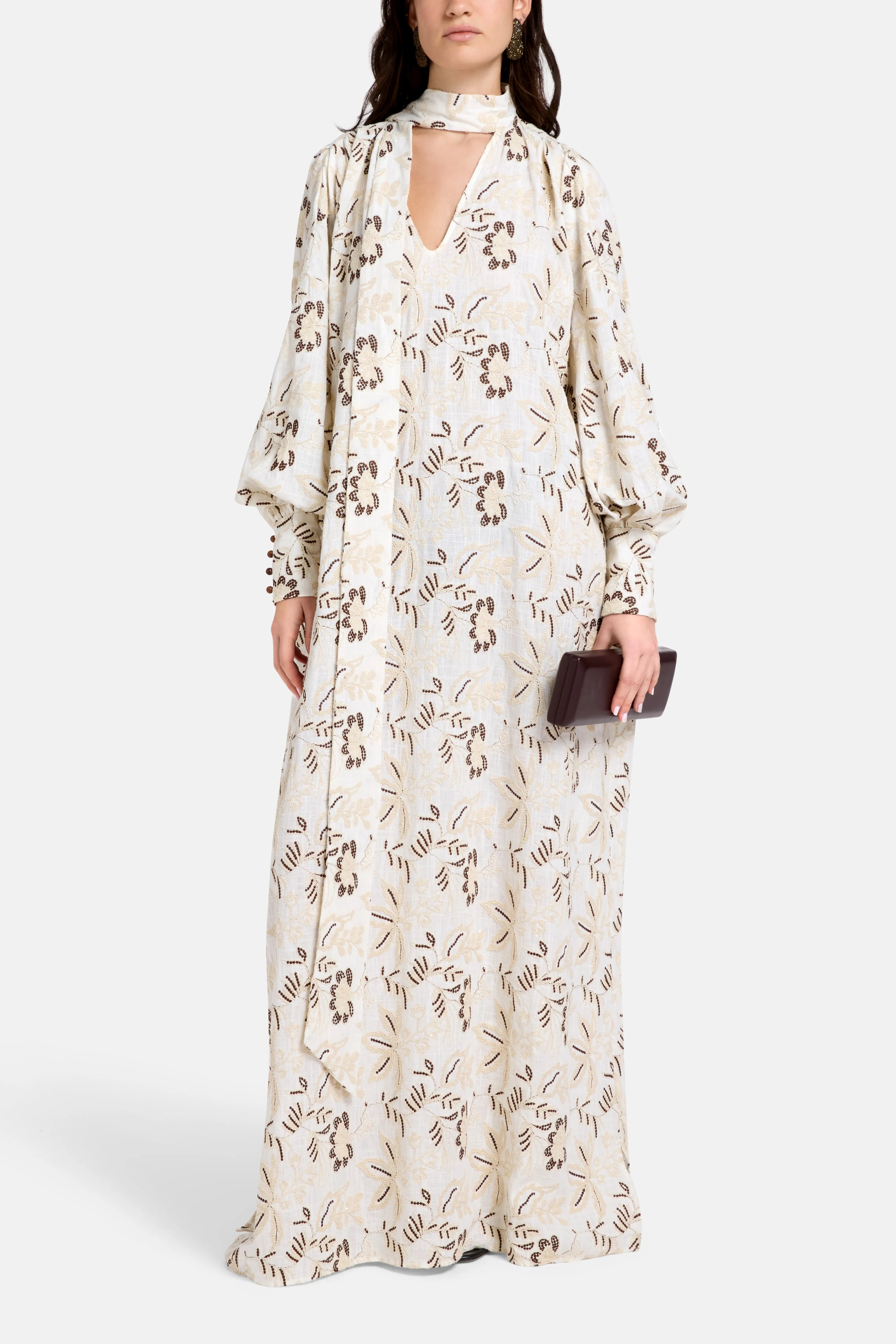 Mona Puff Sleeves Embroidered Cotton Kaftan in Cream