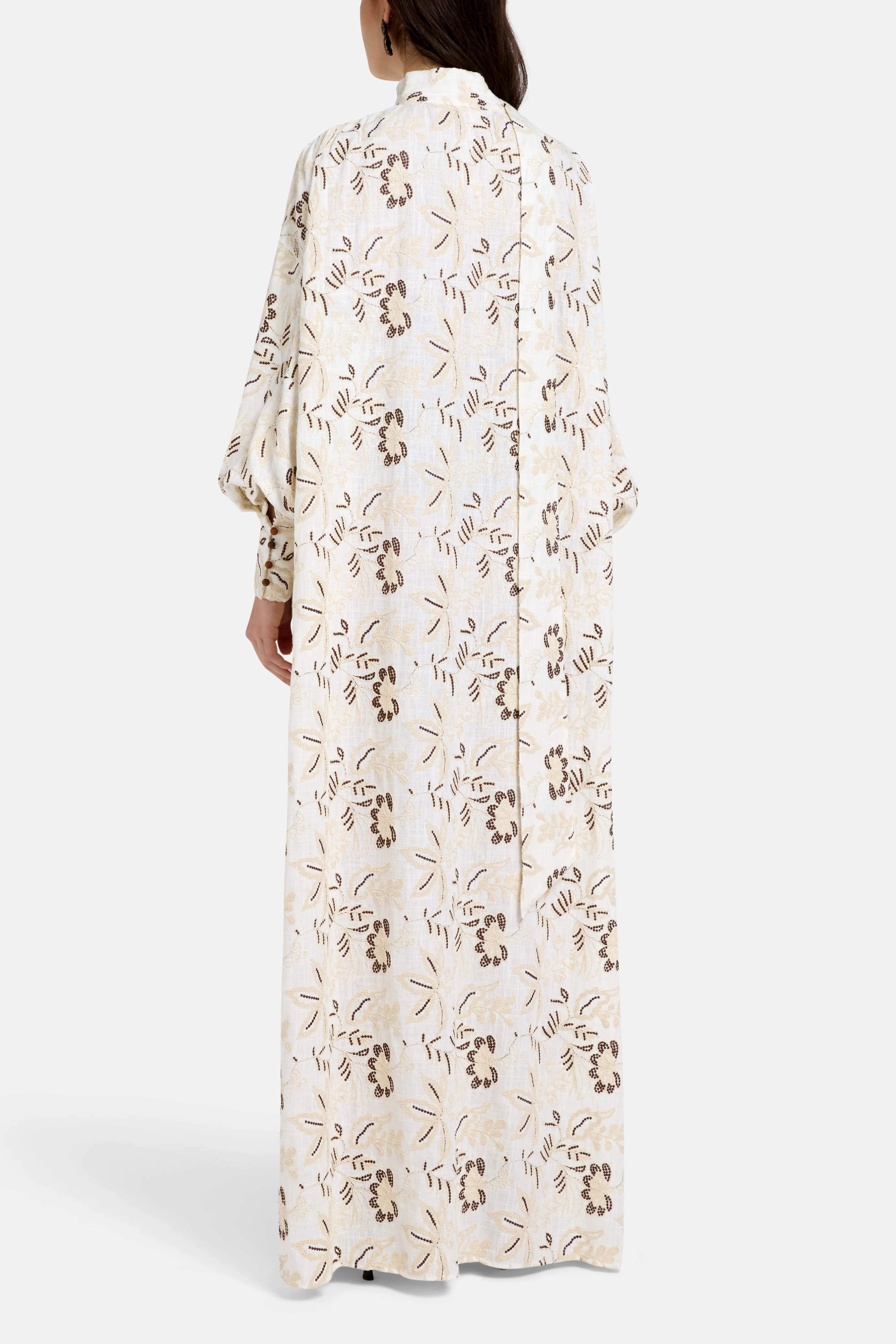 Mona Puff Sleeves Embroidered Cotton Kaftan in Cream