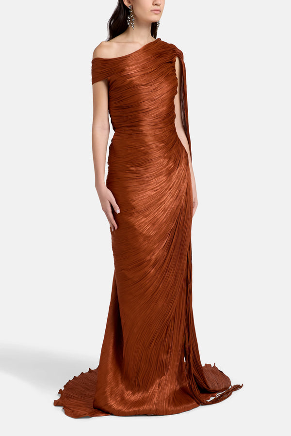 Asymmetrical Pleated Silk One Shoulder Cape Evening Gown in Orange