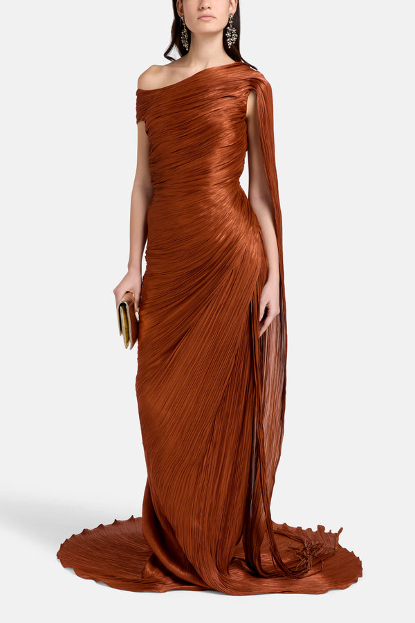 Asymmetrical Pleated Silk One Shoulder Cape Evening Gown in Orange