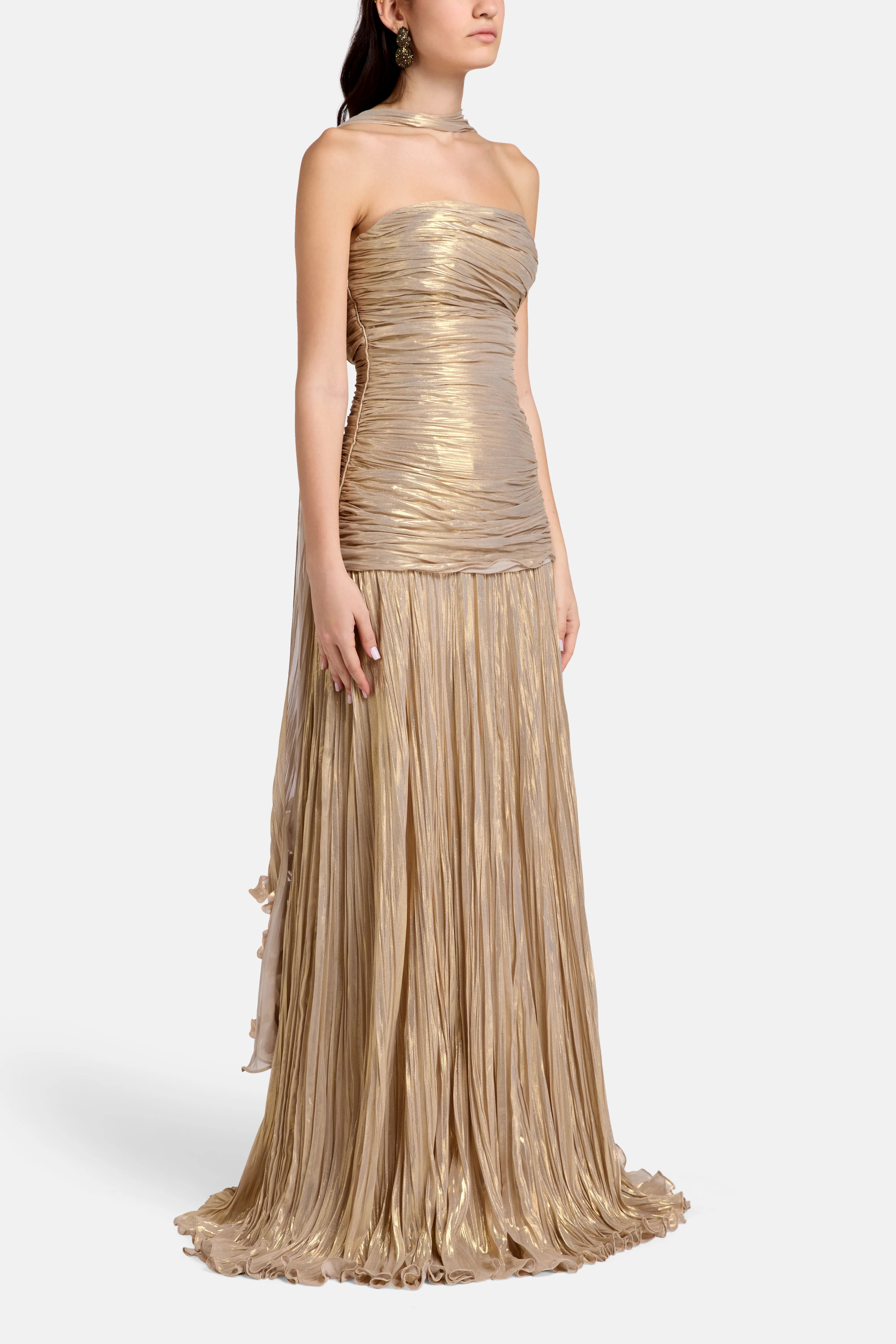 Pleated Silk Corset Evening Gown in Gold