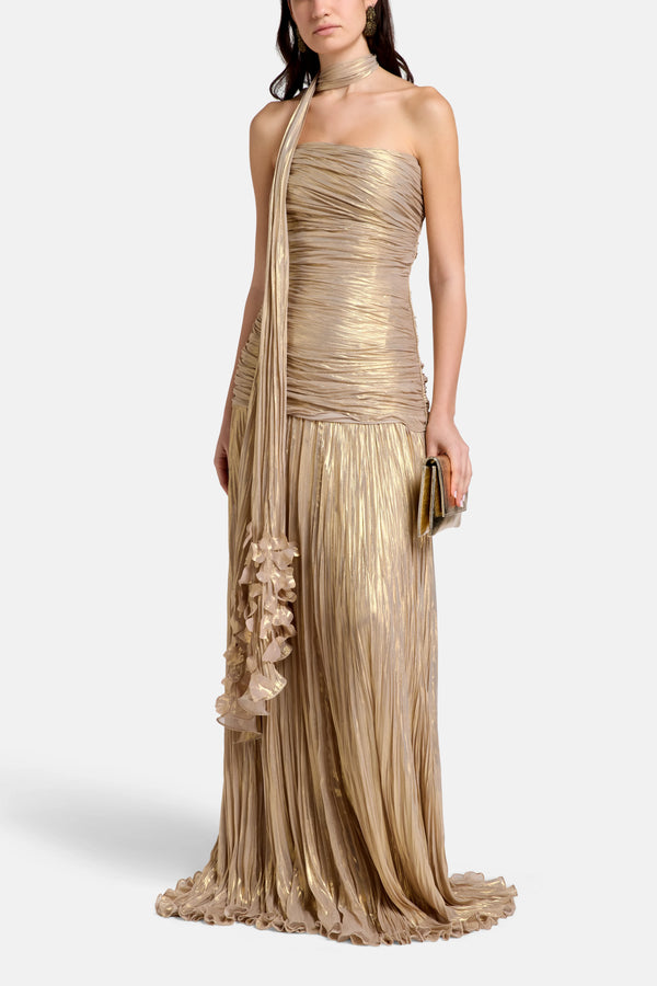 Pleated Silk Corset Evening Gown in Gold