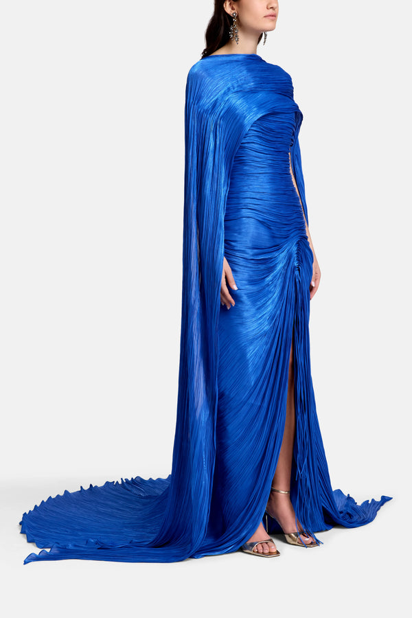Pleated Silk Corset Cape Evening Gown in Blue