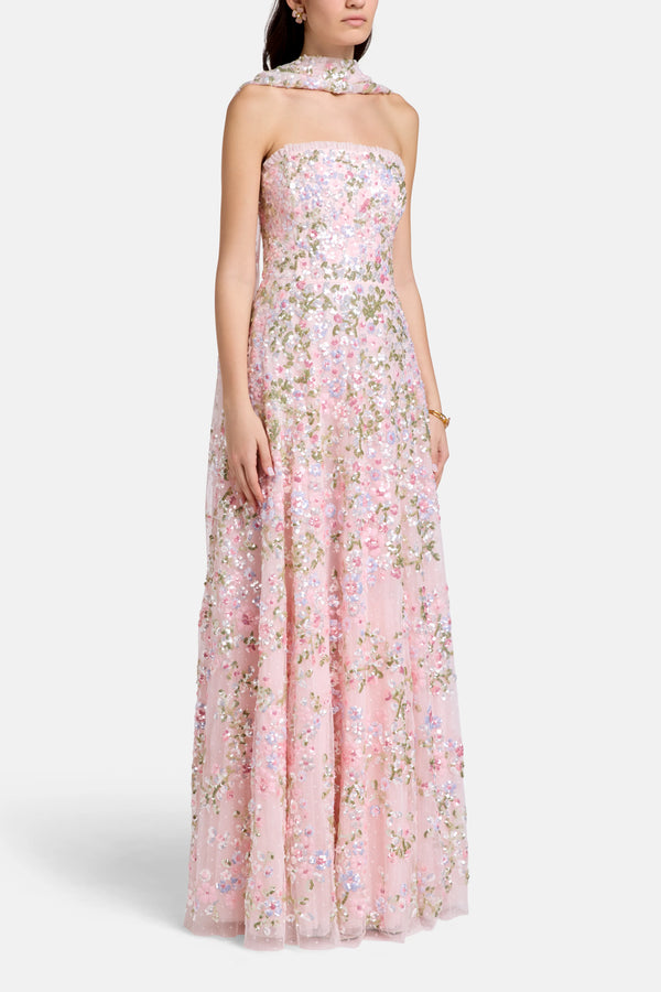Dream Garland Sequins Floral Strapless Evening Dress with Scarf in Pink