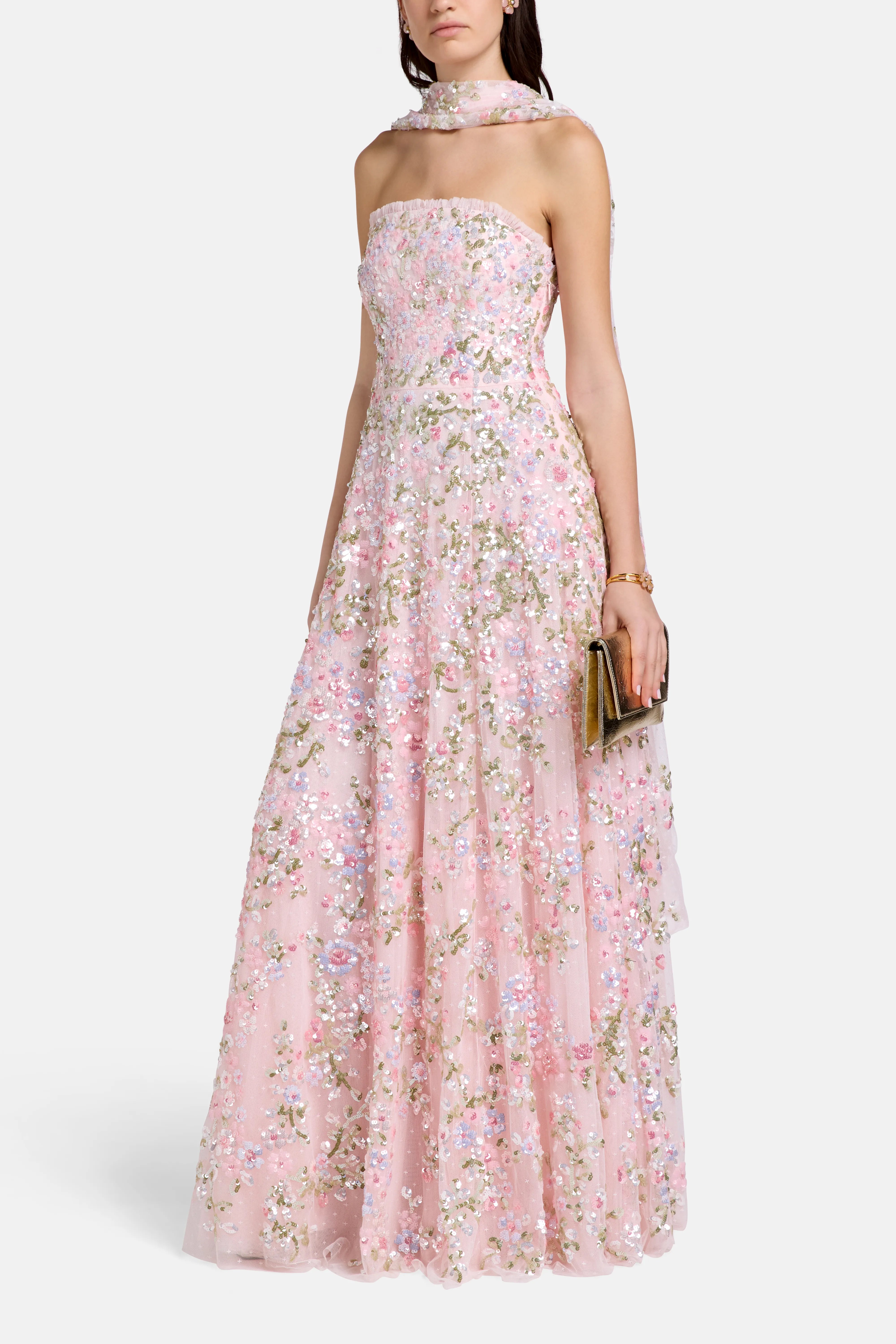 Dream Garland Sequins Floral Strapless Evening Dress with Scarf in Pink