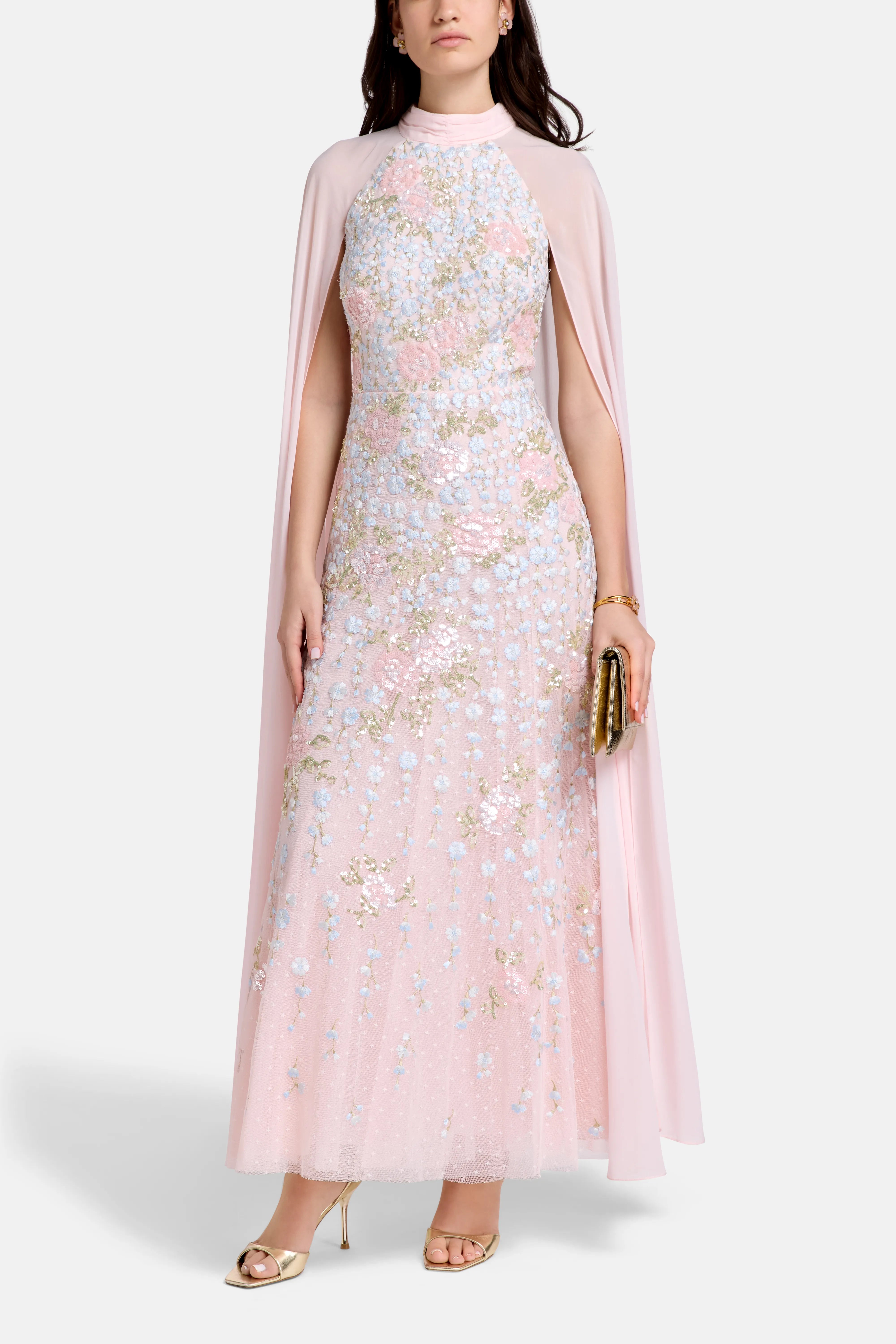 Cressida Floral Cape Floral Evening Dress in Pink