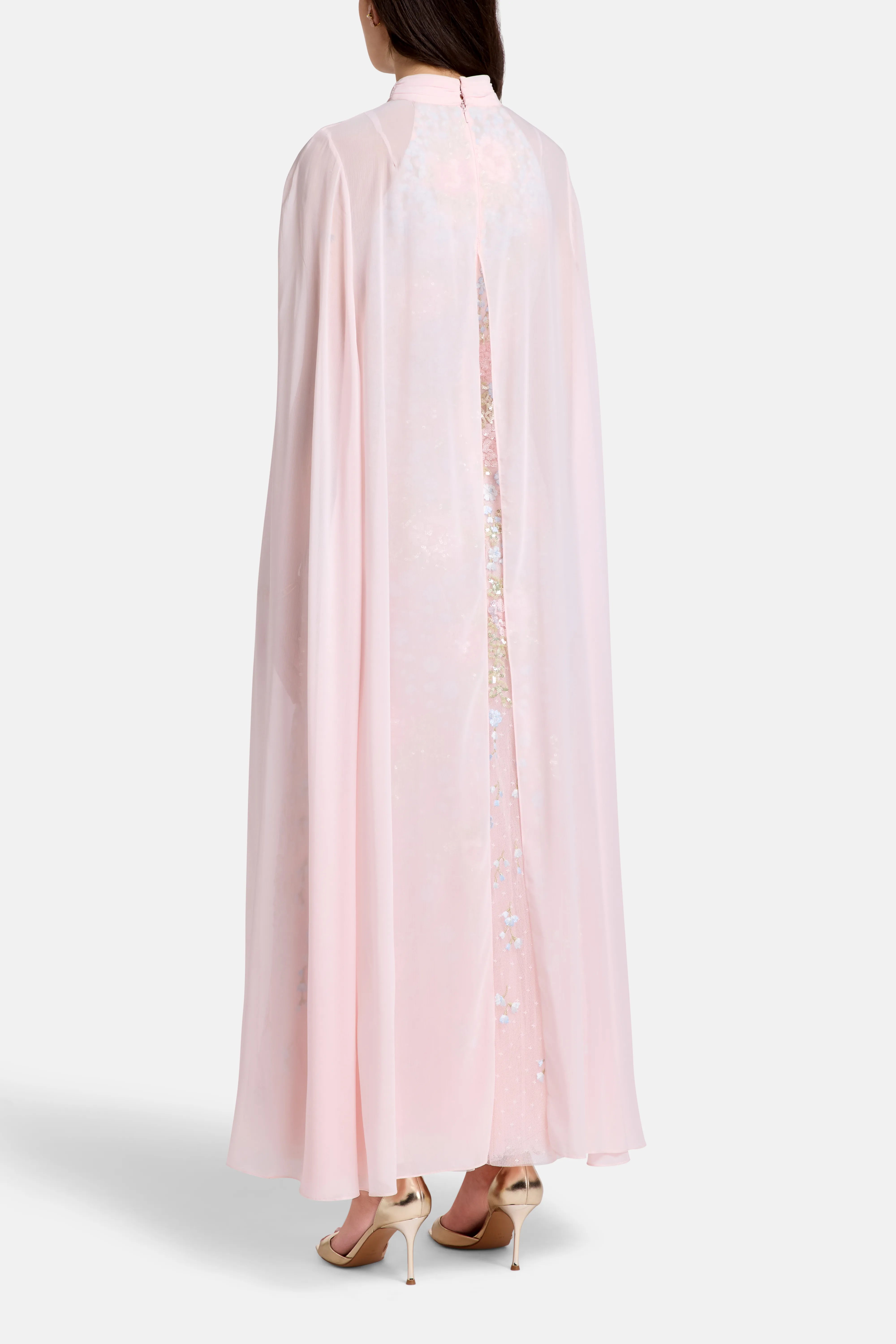 Cressida Floral Cape Floral Evening Dress in Pink