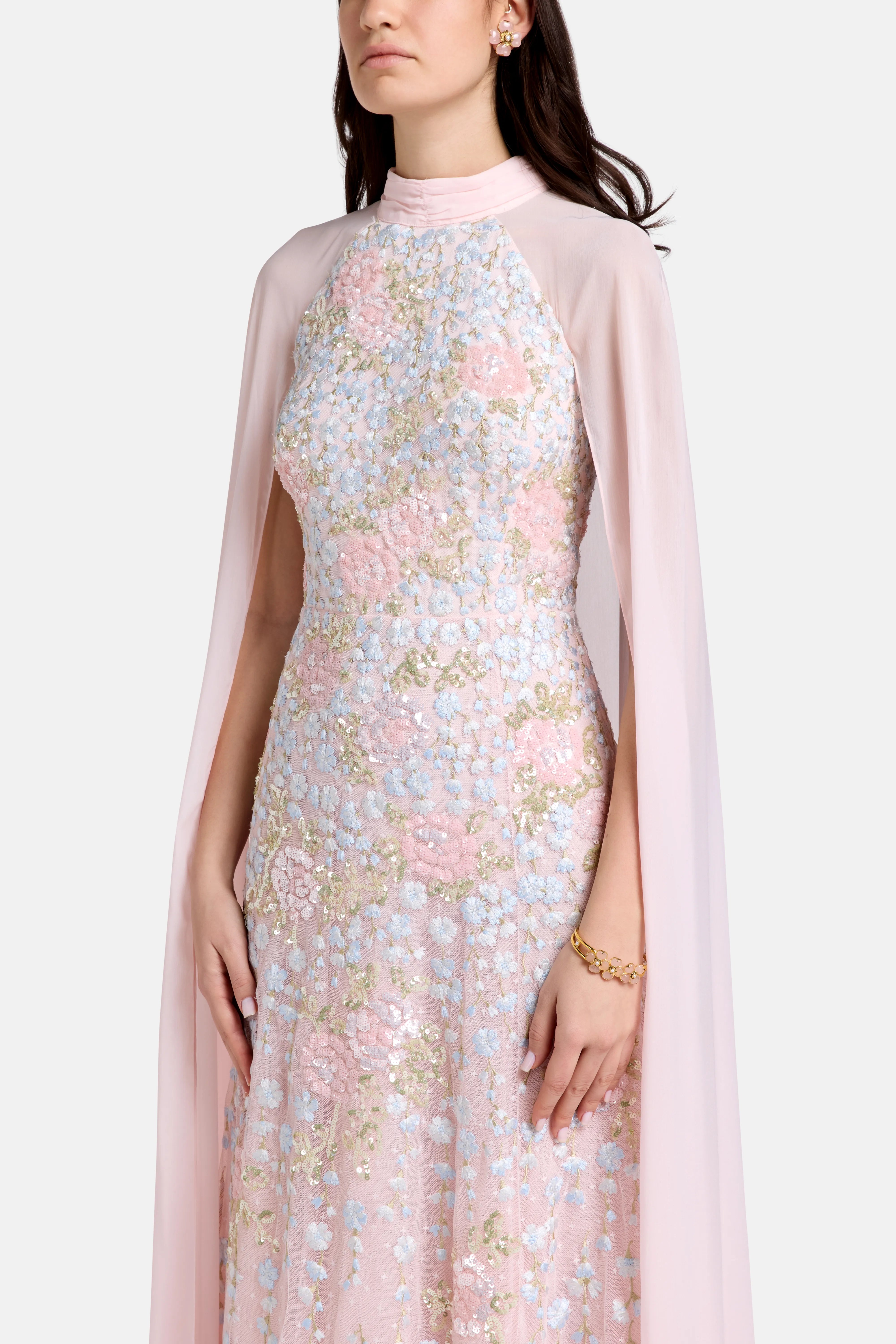 Cressida Floral Cape Floral Evening Dress in Pink