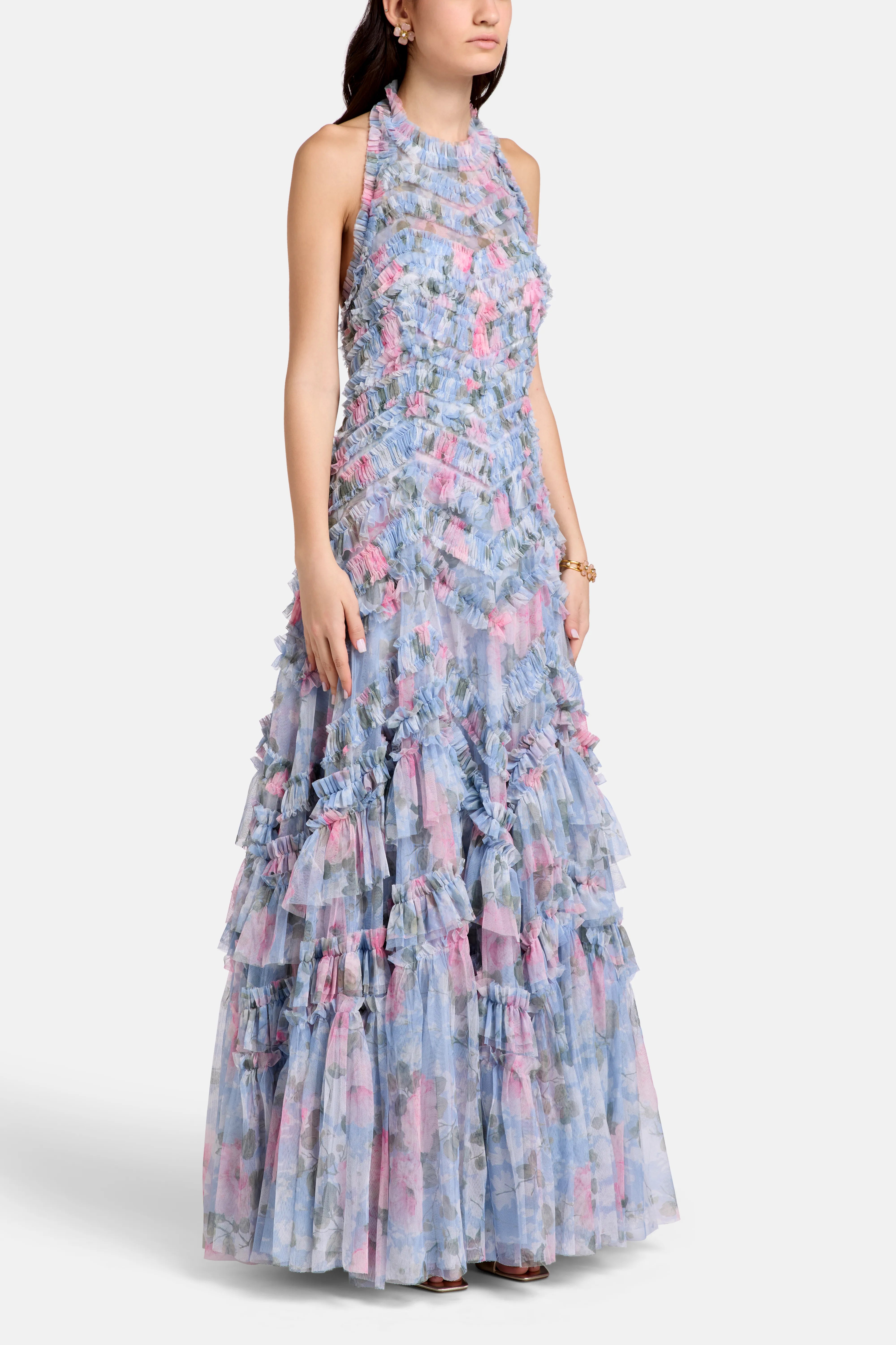 Camille's Garden Elia Halter Neck Floral Evening Dress in Blue