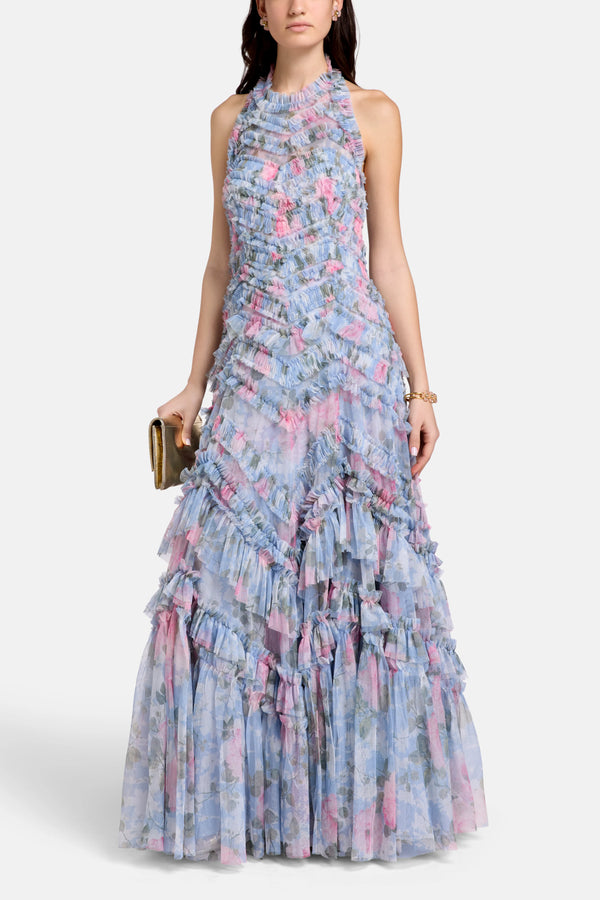 Camille's Garden Elia Halter Neck Floral Evening Dress in Blue