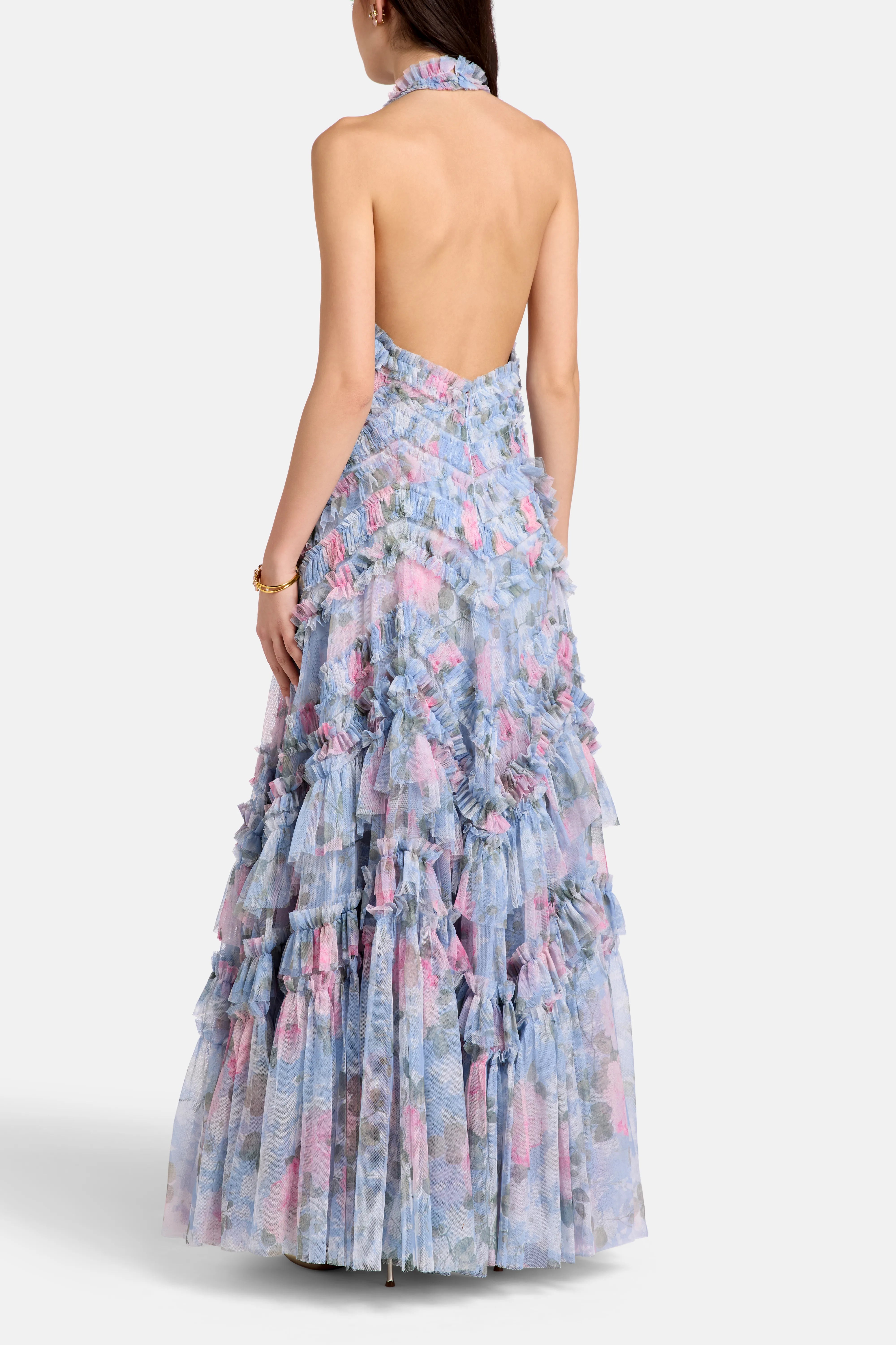 Camille's Garden Elia Halter Neck Floral Evening Dress in Blue