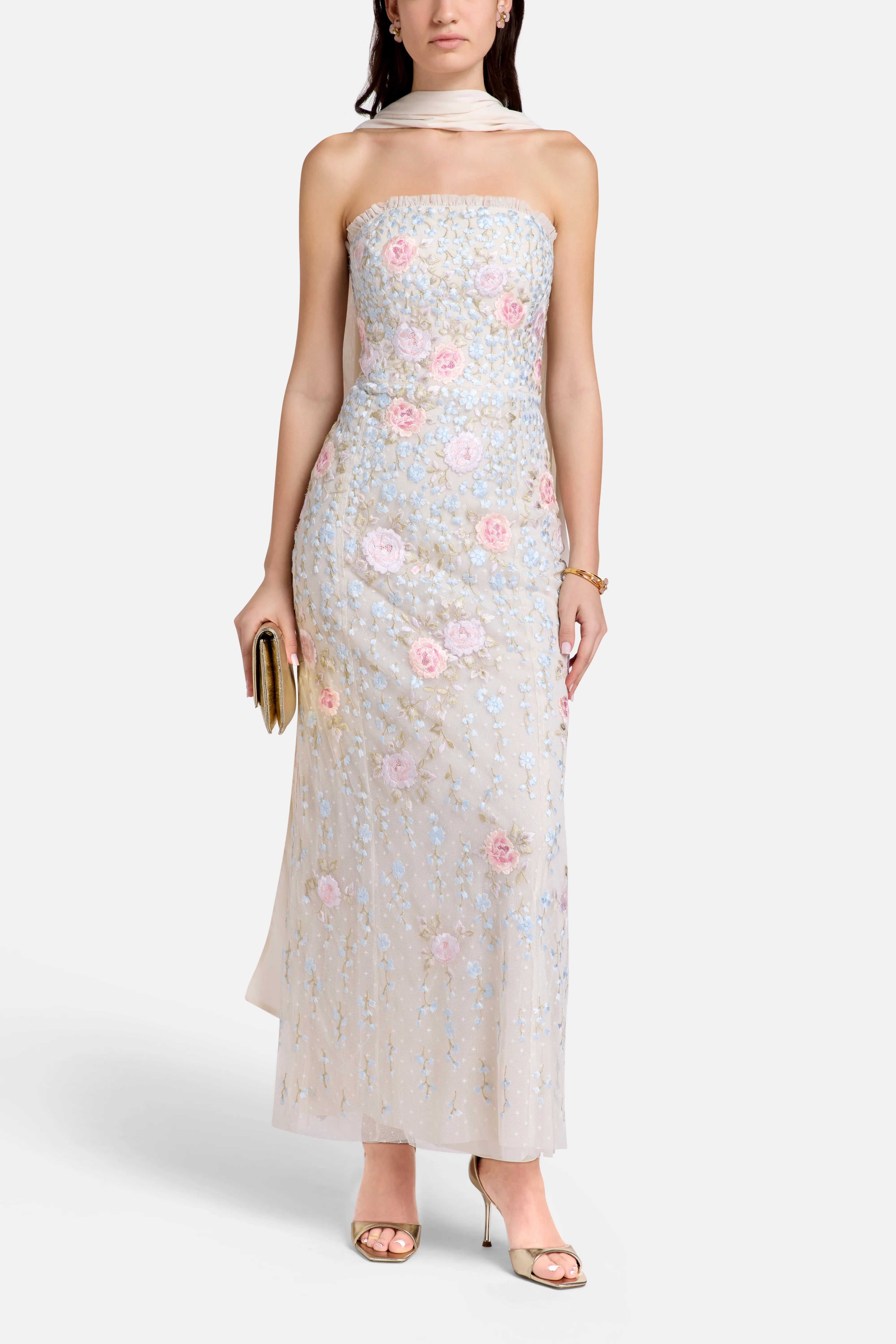 Cressida Embroidery Strapless Floral Evening Dress in Pink with Scarf