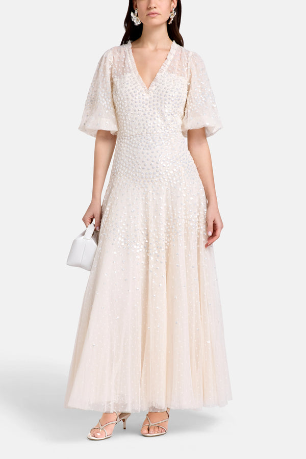 Scallop Sequins Evening Dress in Cream