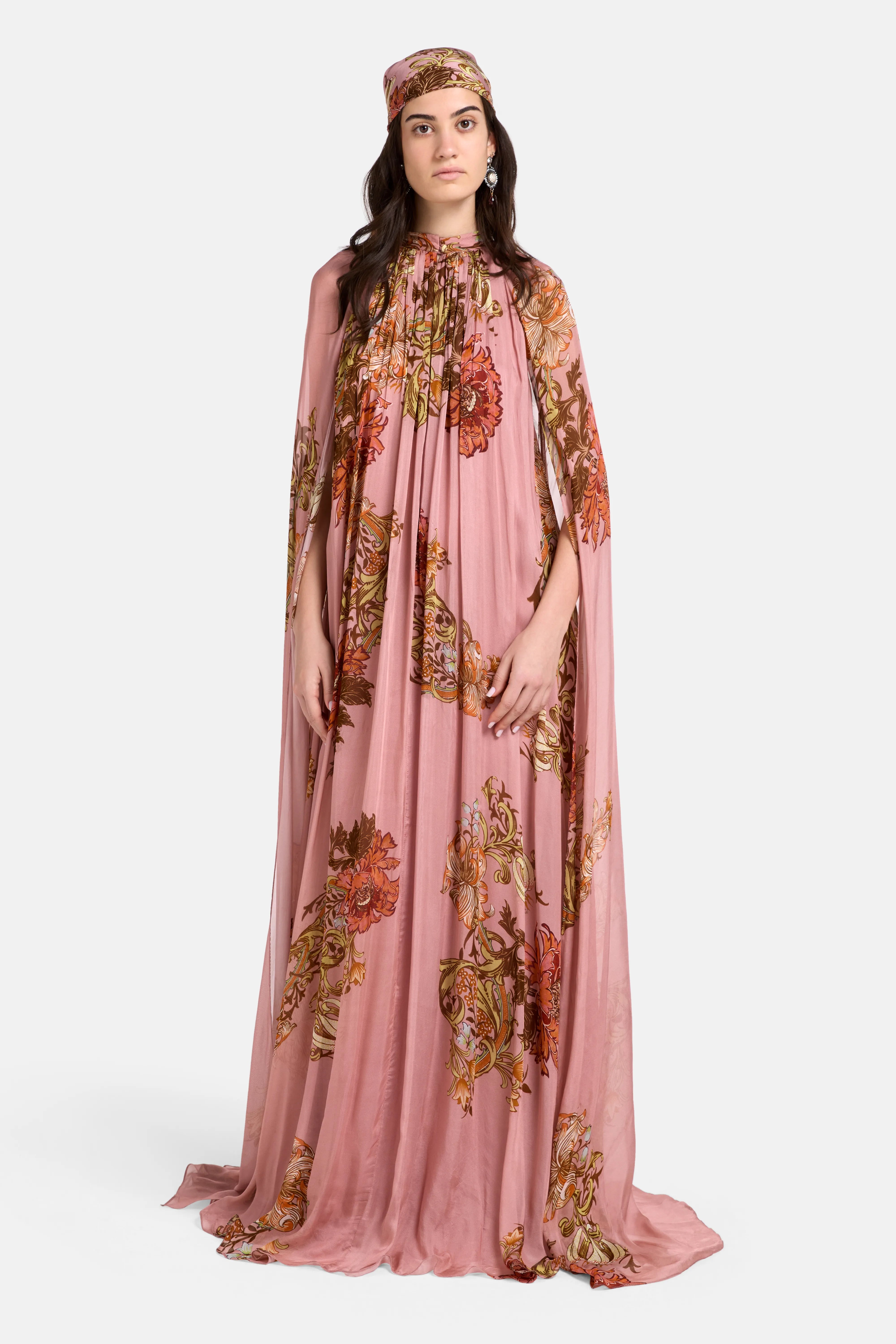 Sula Floral Pleated Cape Kaftan in Pink