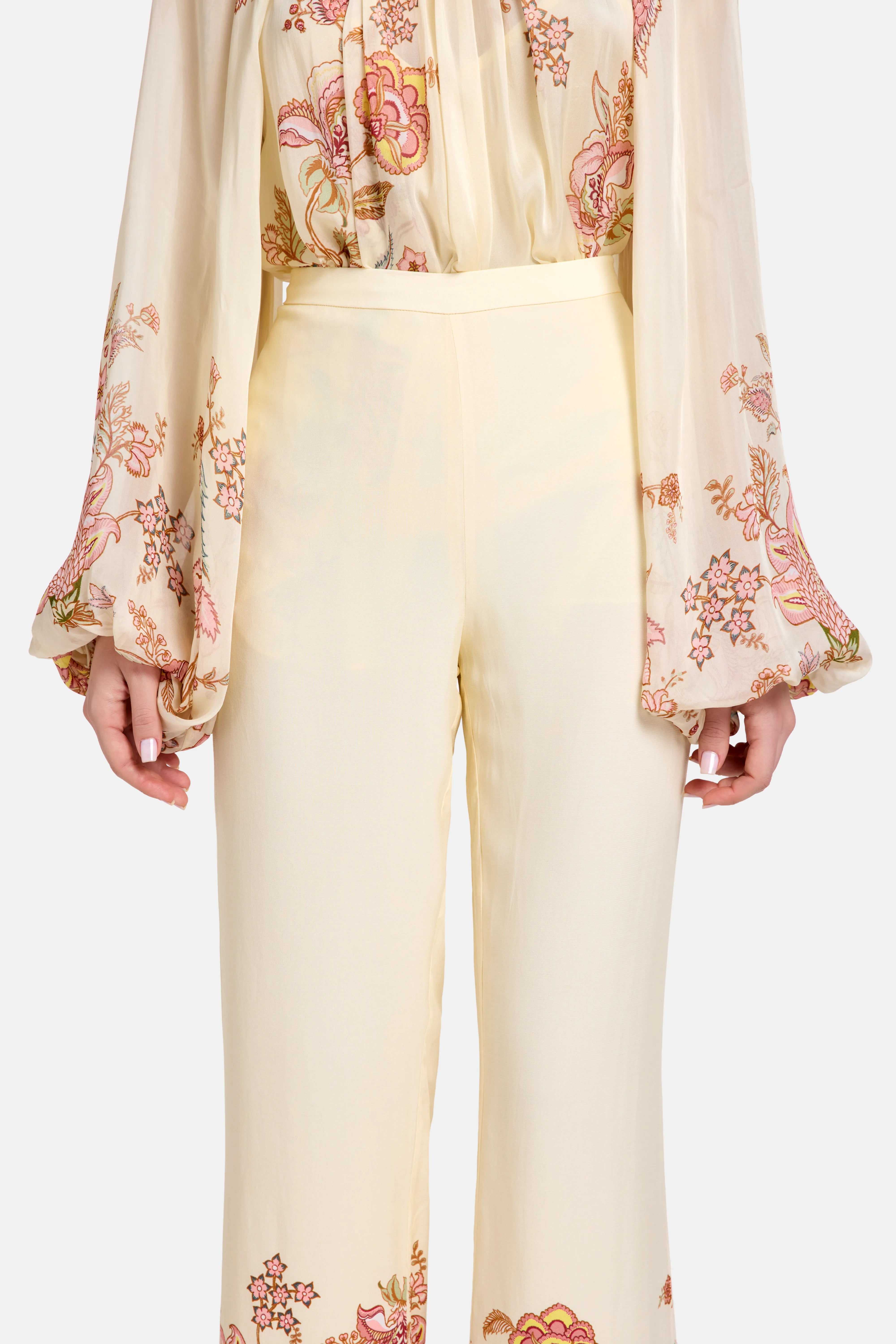 Riah Floral Wide Legged Trousers in Cream