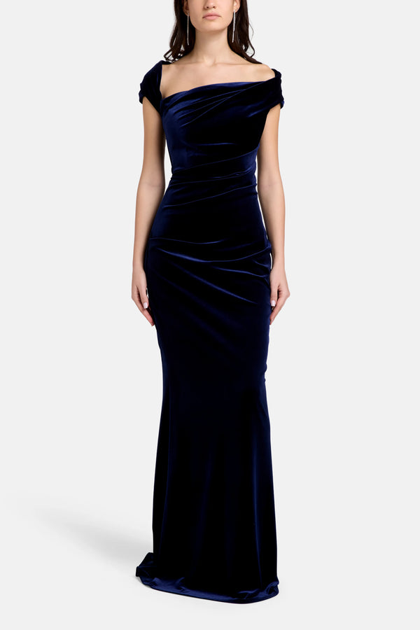 Stretch Velvet Evening Gown in Blue