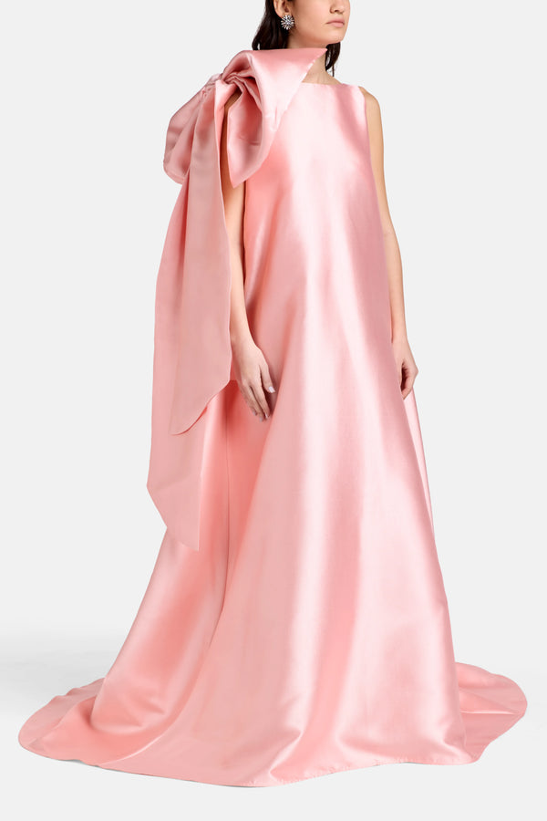 Satin Long Train Bow Shoulder Evening Gown in Pink