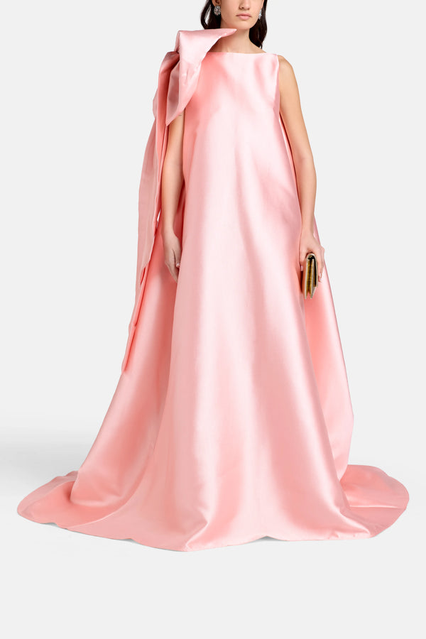 Satin Long Train Bow Shoulder Evening Gown in Pink